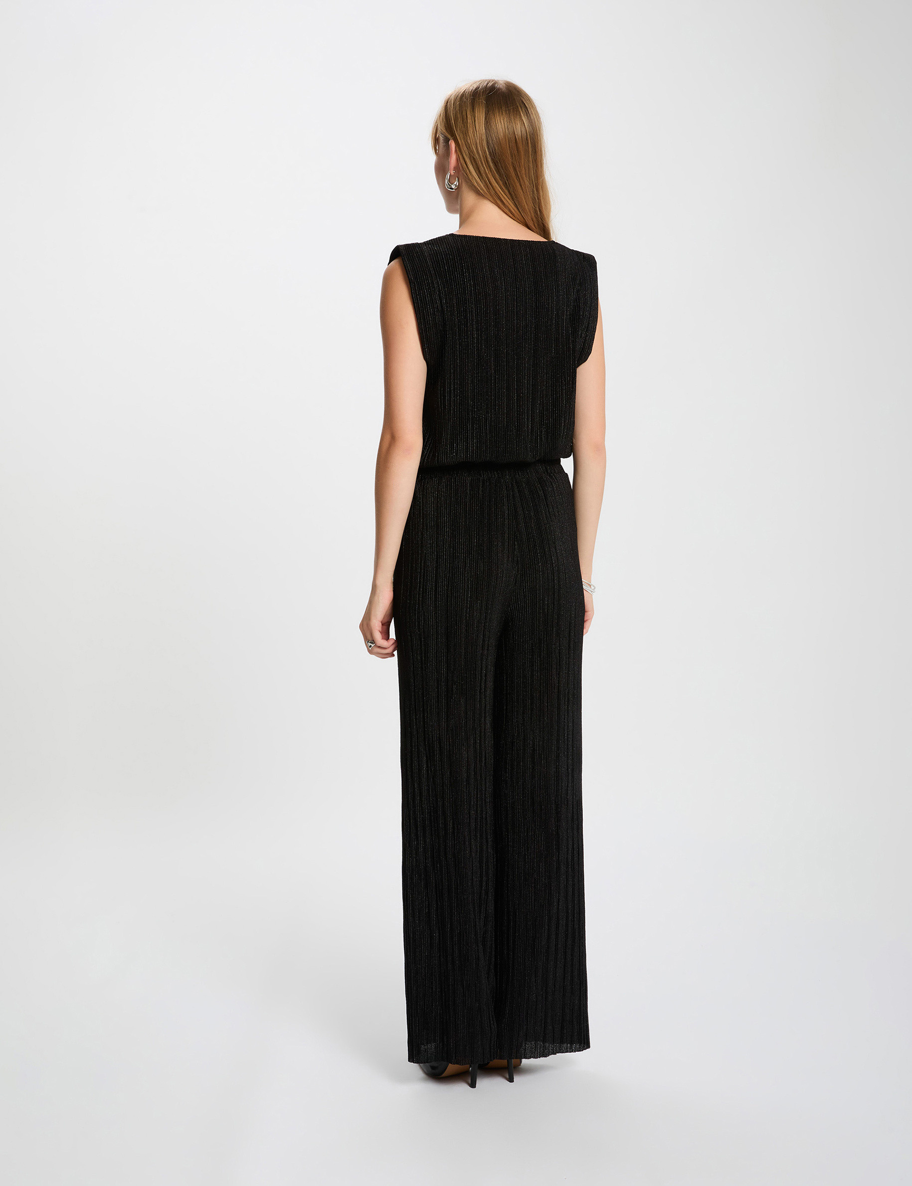 Pantalon large pliss&eacute; noir femme