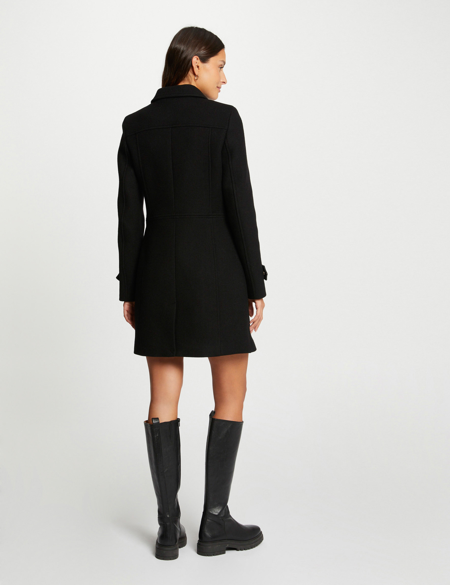 Manteau droit détails simili cuir noir femme