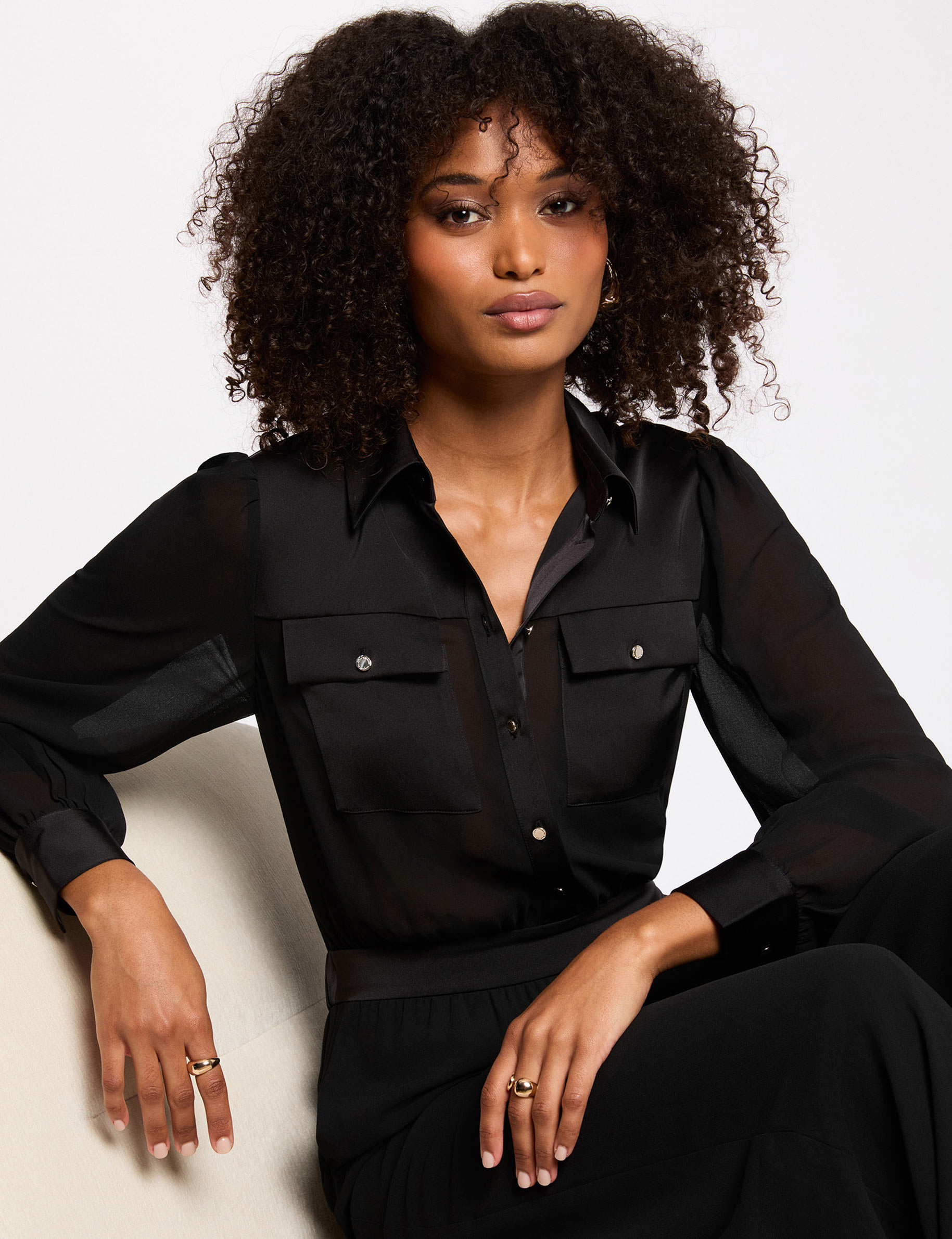 Combinaison fluide col &agrave; revers noir femme