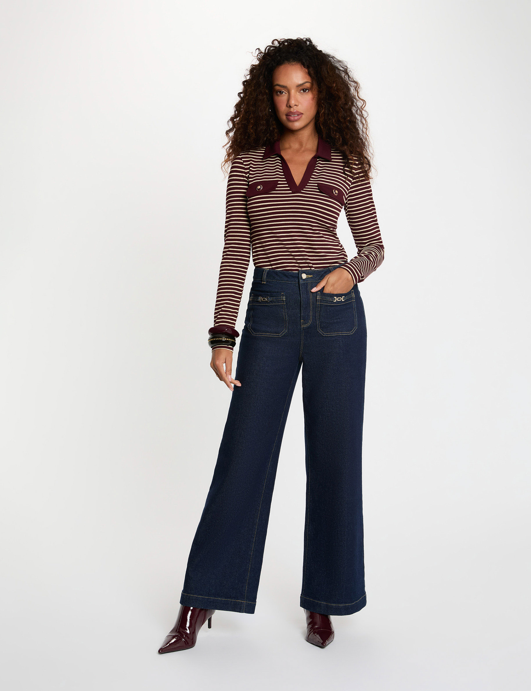 Polo manches longues ray&eacute; bordeaux femme