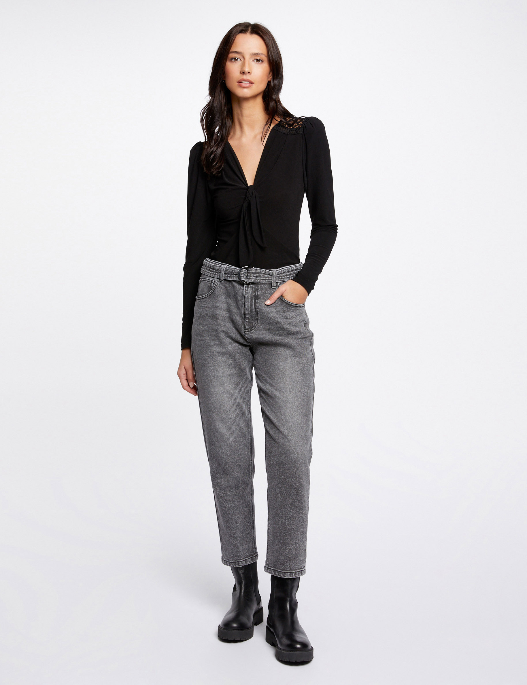 T-shirt manches longues avec noeud noir femme