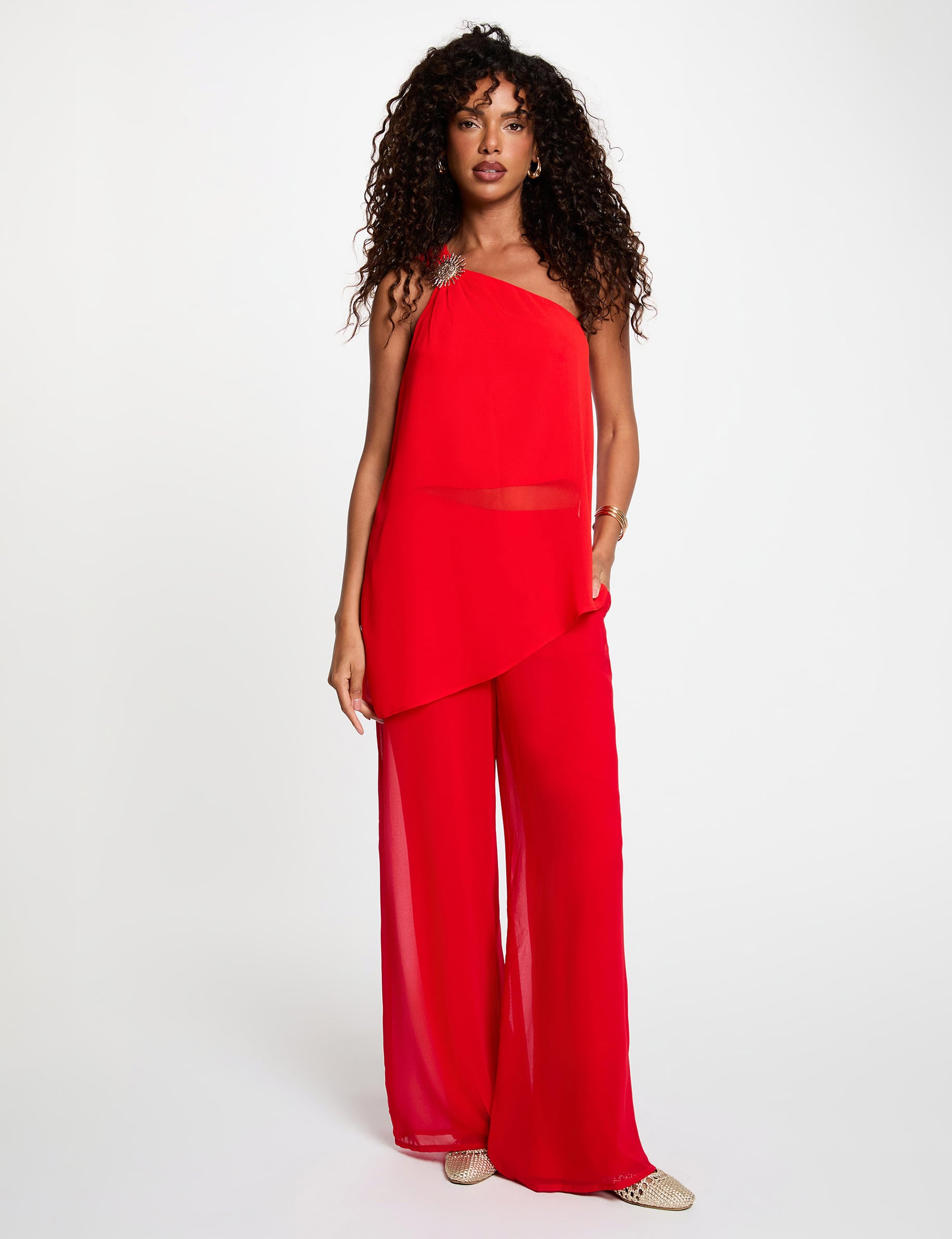 Top voile asym&eacute;trique rouge femme