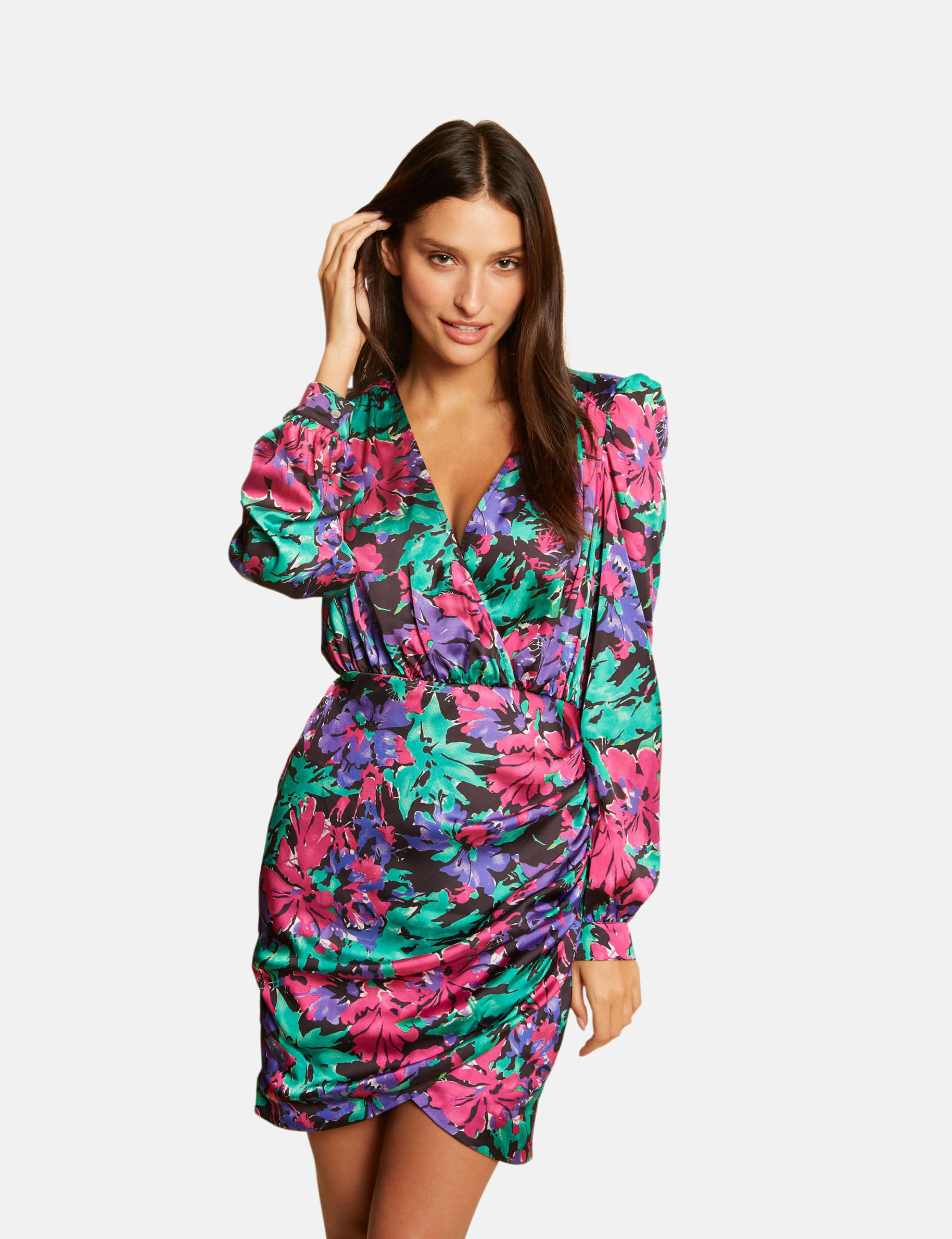 Robe ajustée drapée imprimé floral multico femme
