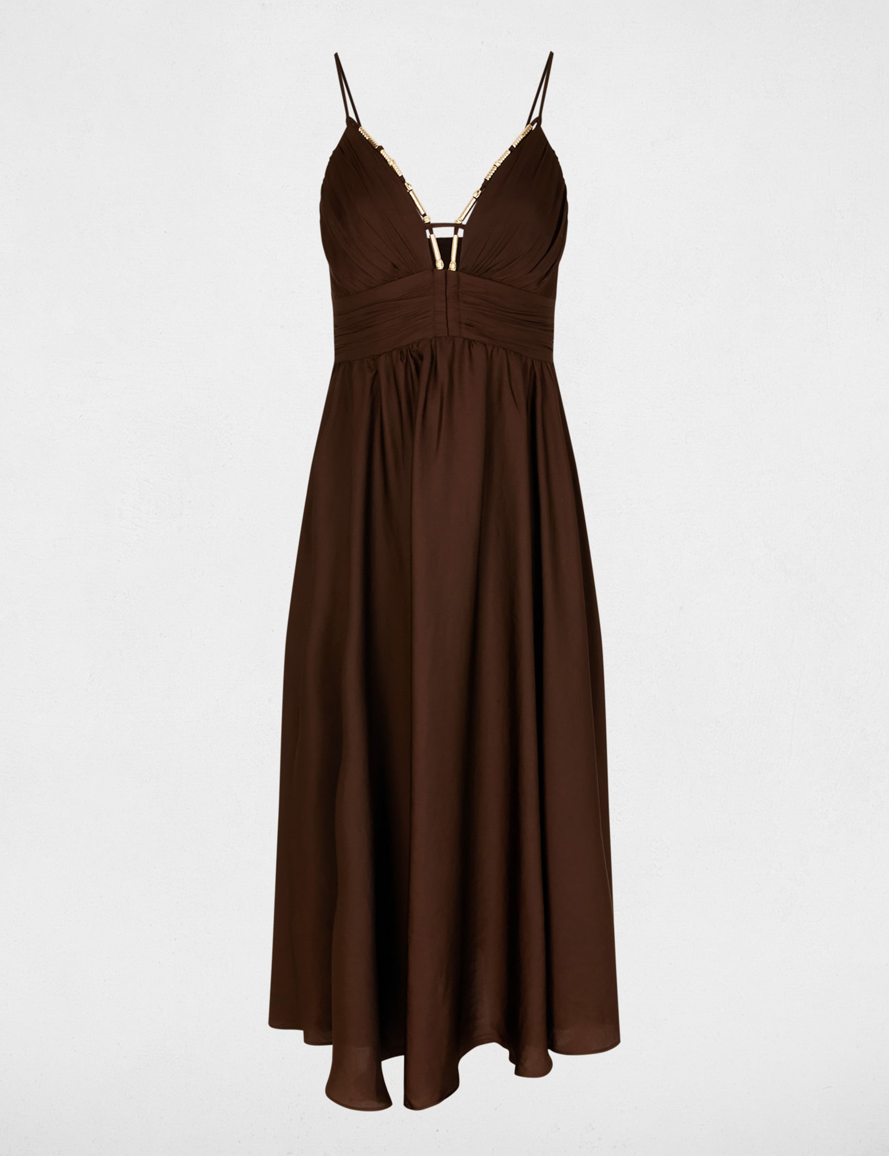 Robe longue col v marron fonc&eacute; femme