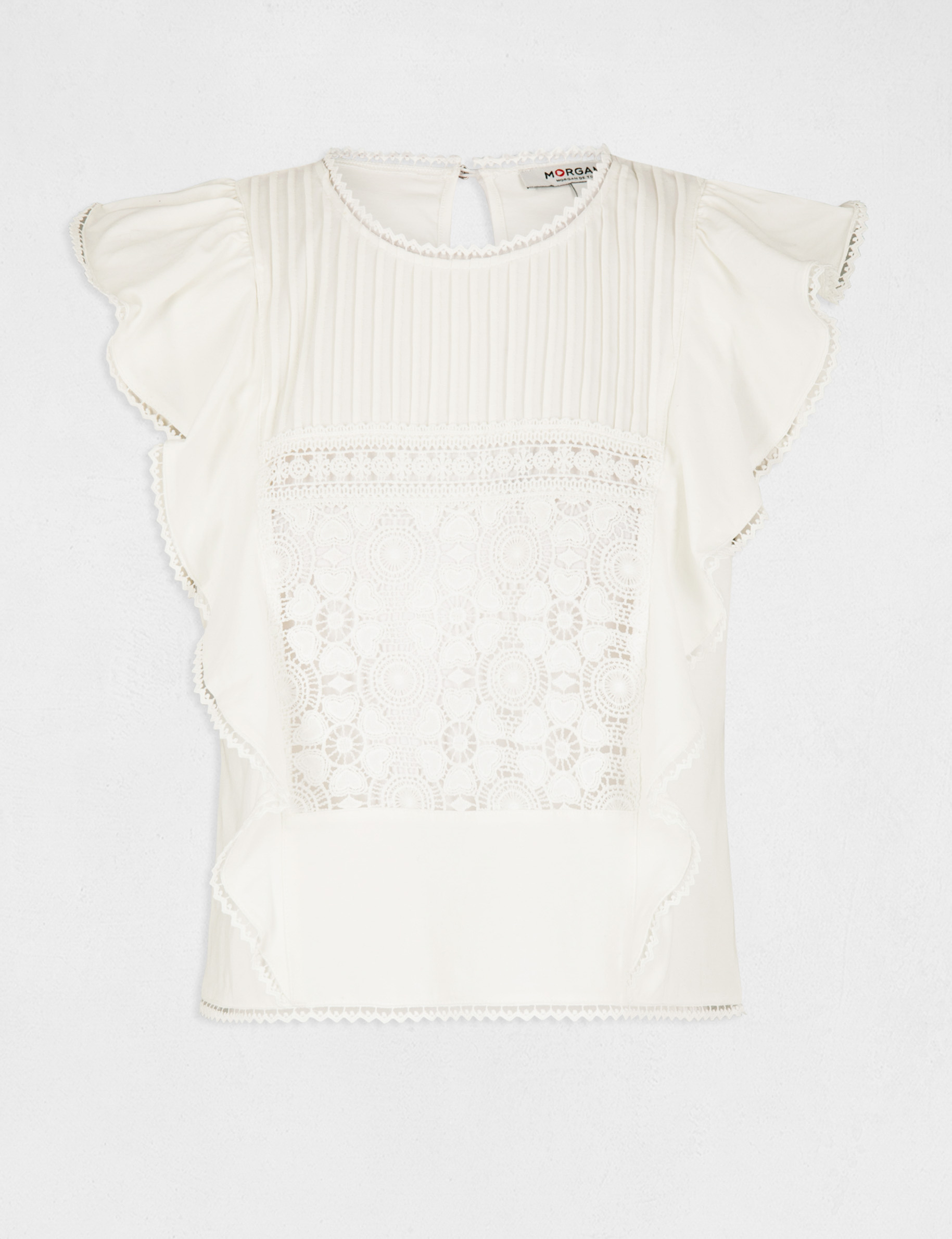 T-shirt manches courtes à volants ecru femme T-shirt manches courtes à volants ecru femme