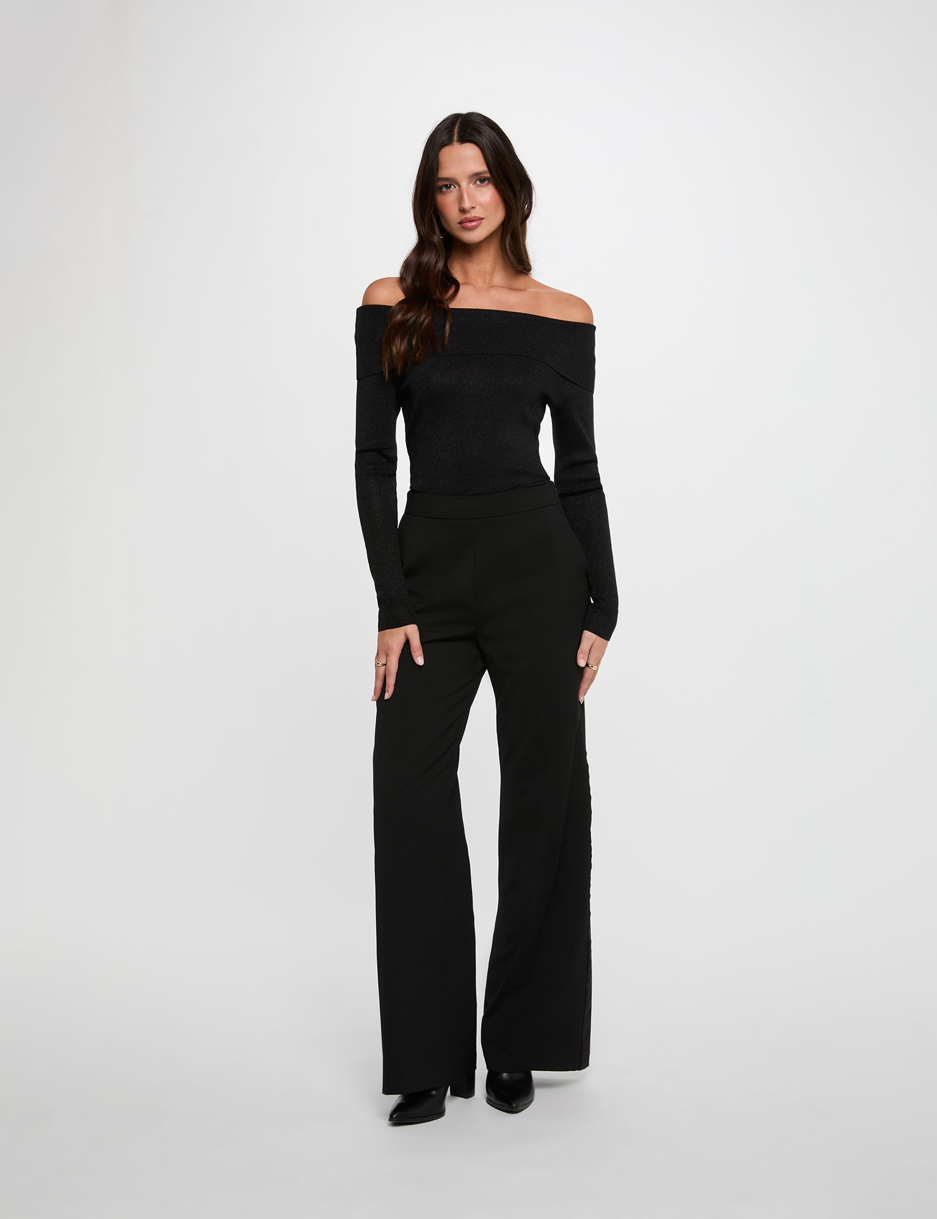 Pull col bardot m&eacute;tallis&eacute; noir femme