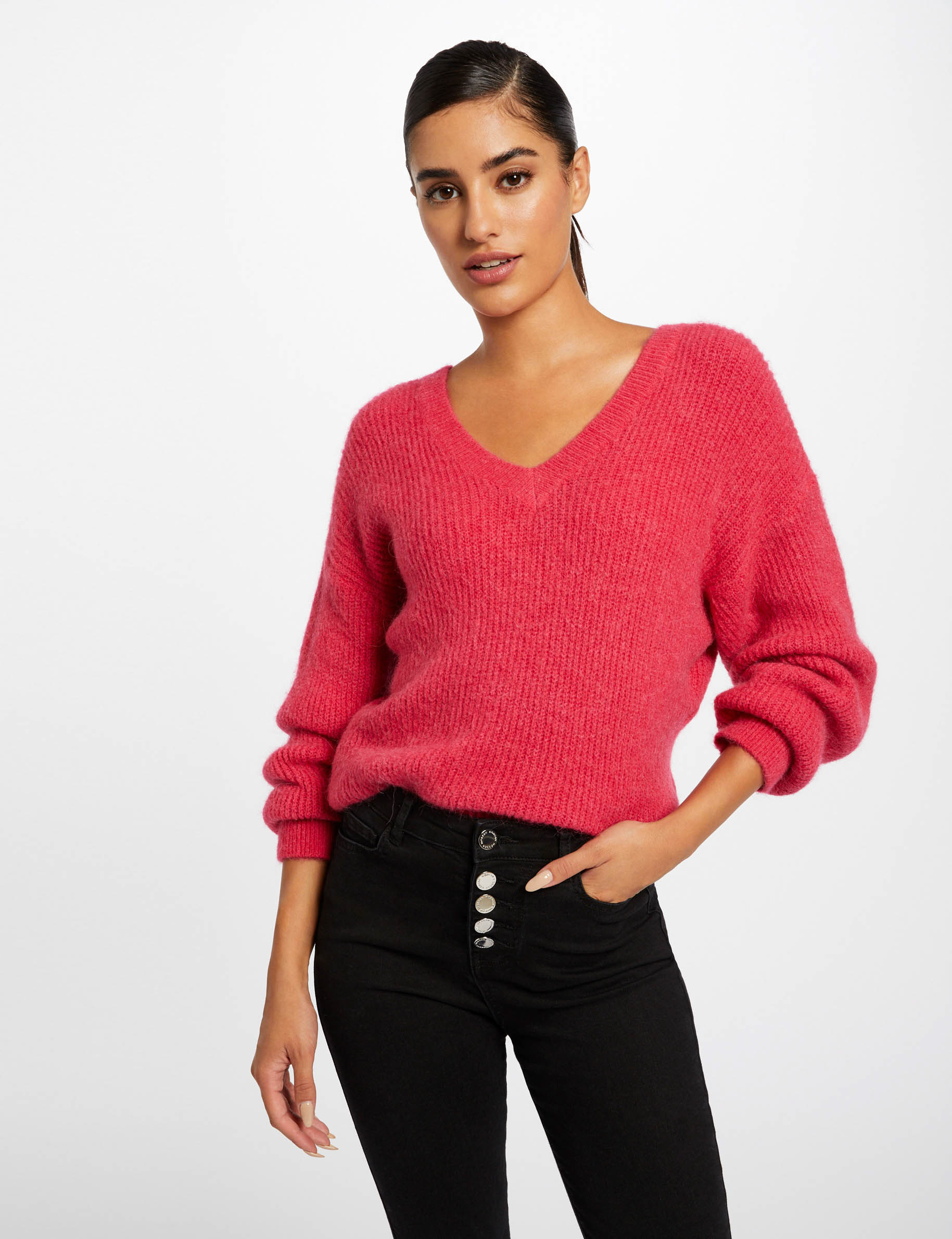 Pull manches longues à col en V framboise femme Pull manches longues à col en V framboise femme