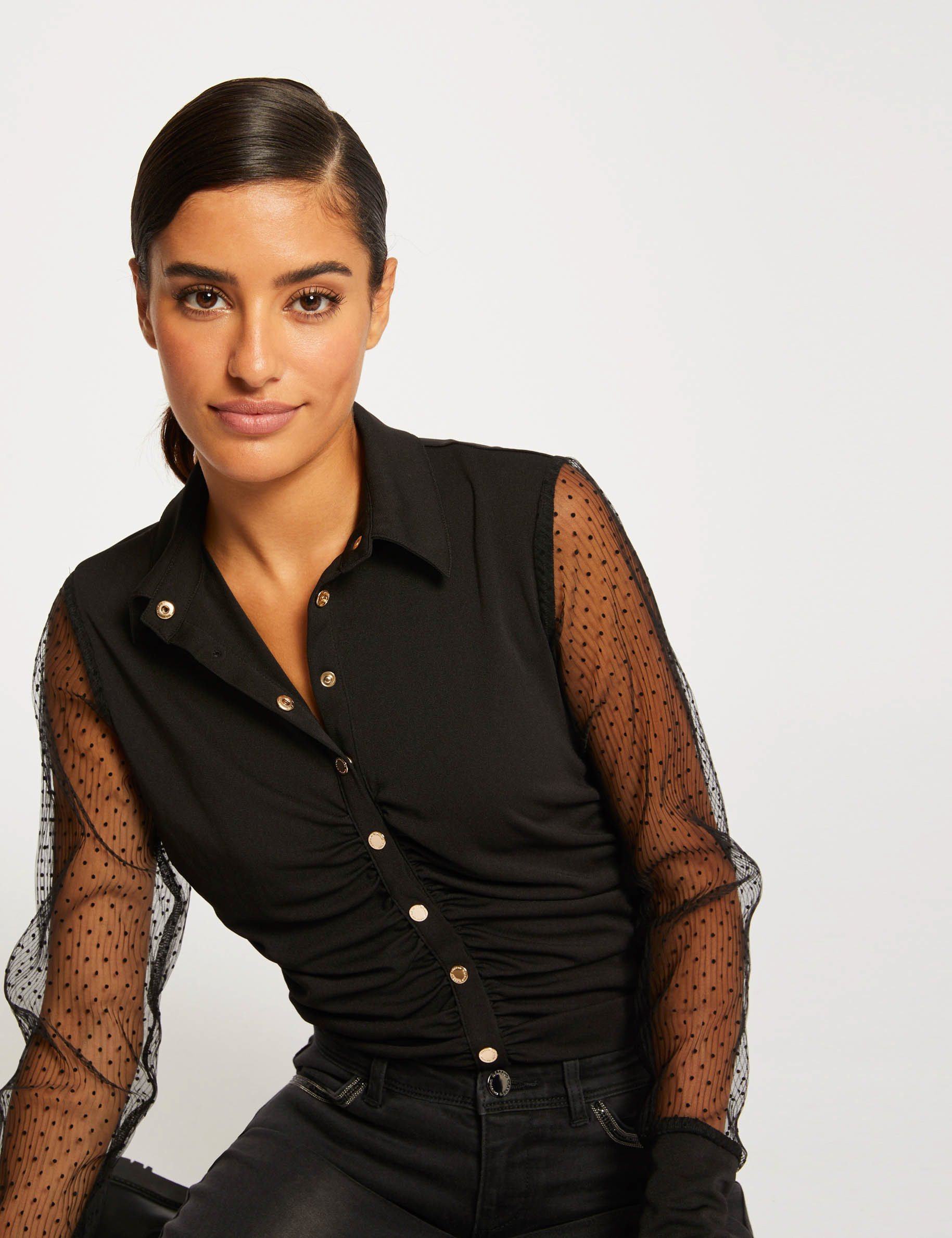 T-shirt manches longues à plumetis noir femme T-shirt manches longues à plumetis noir femme