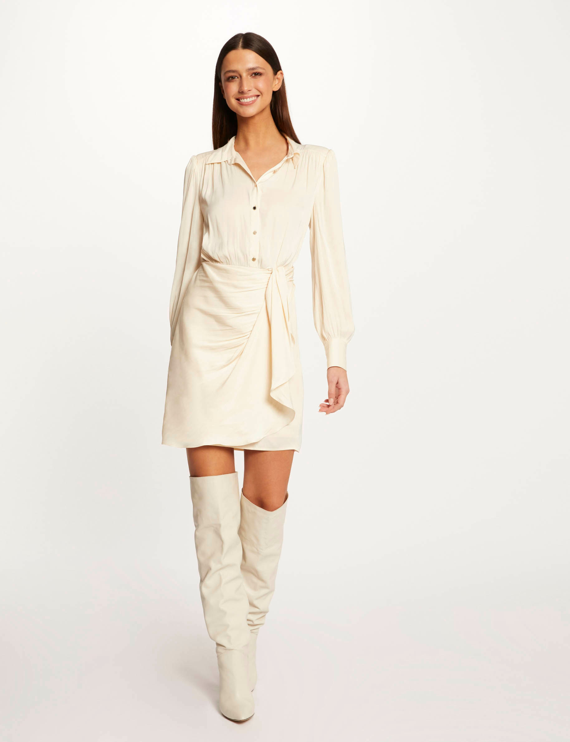 Robe droite drapée satinée ecru moyen femme Robe droite drapée satinée ecru moyen femme