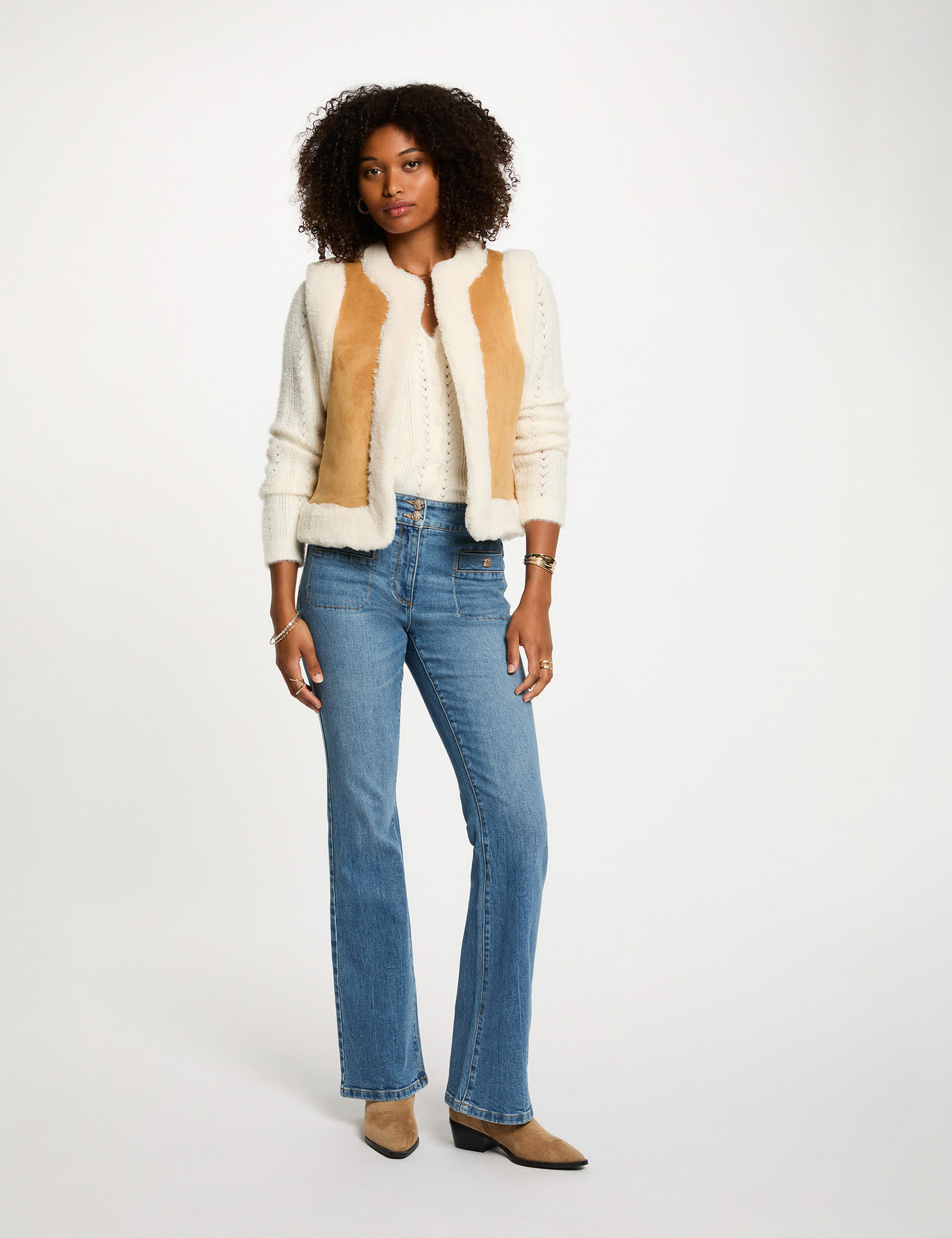 Veste droite sans manches camel femme