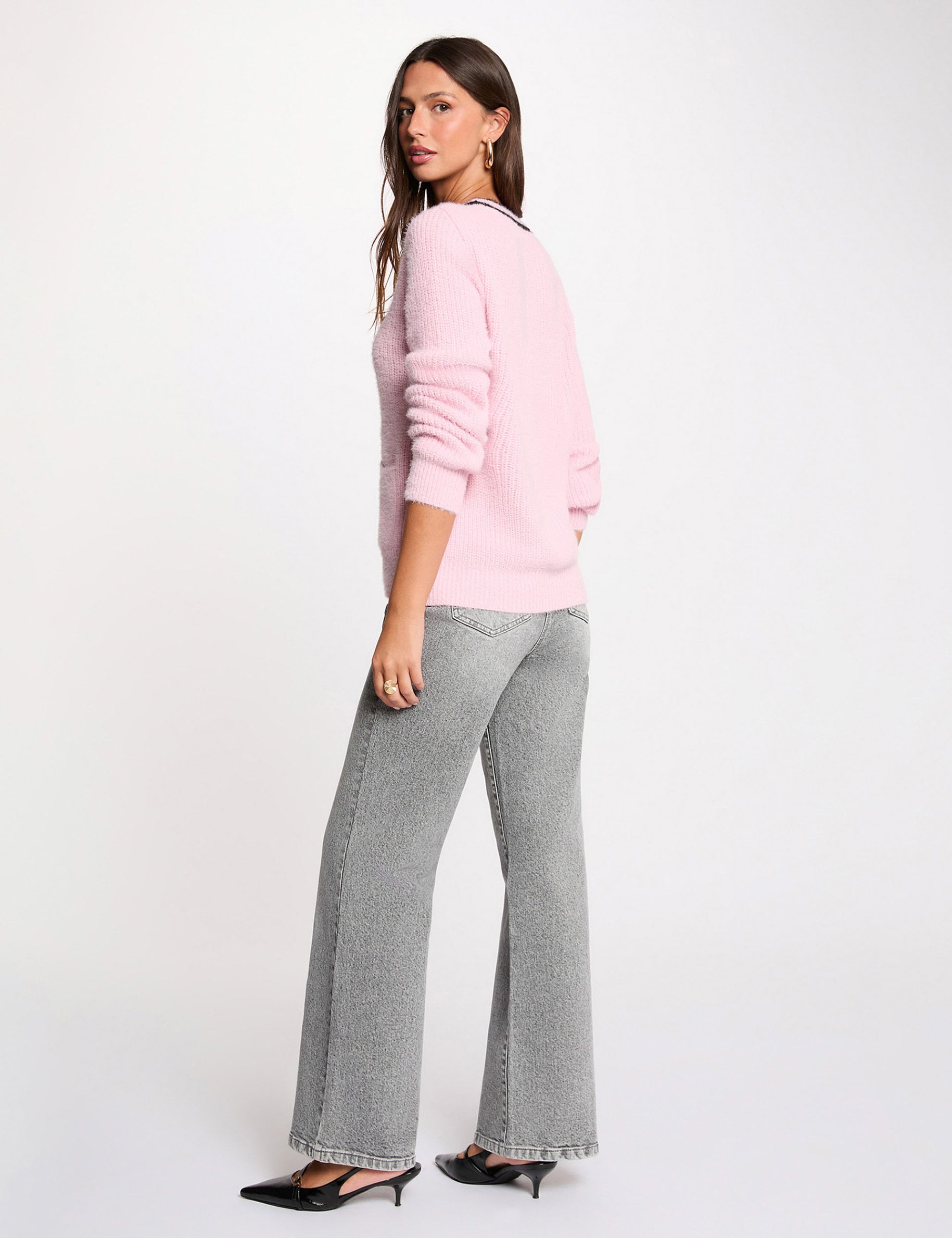 Gilet droit col v rose femme