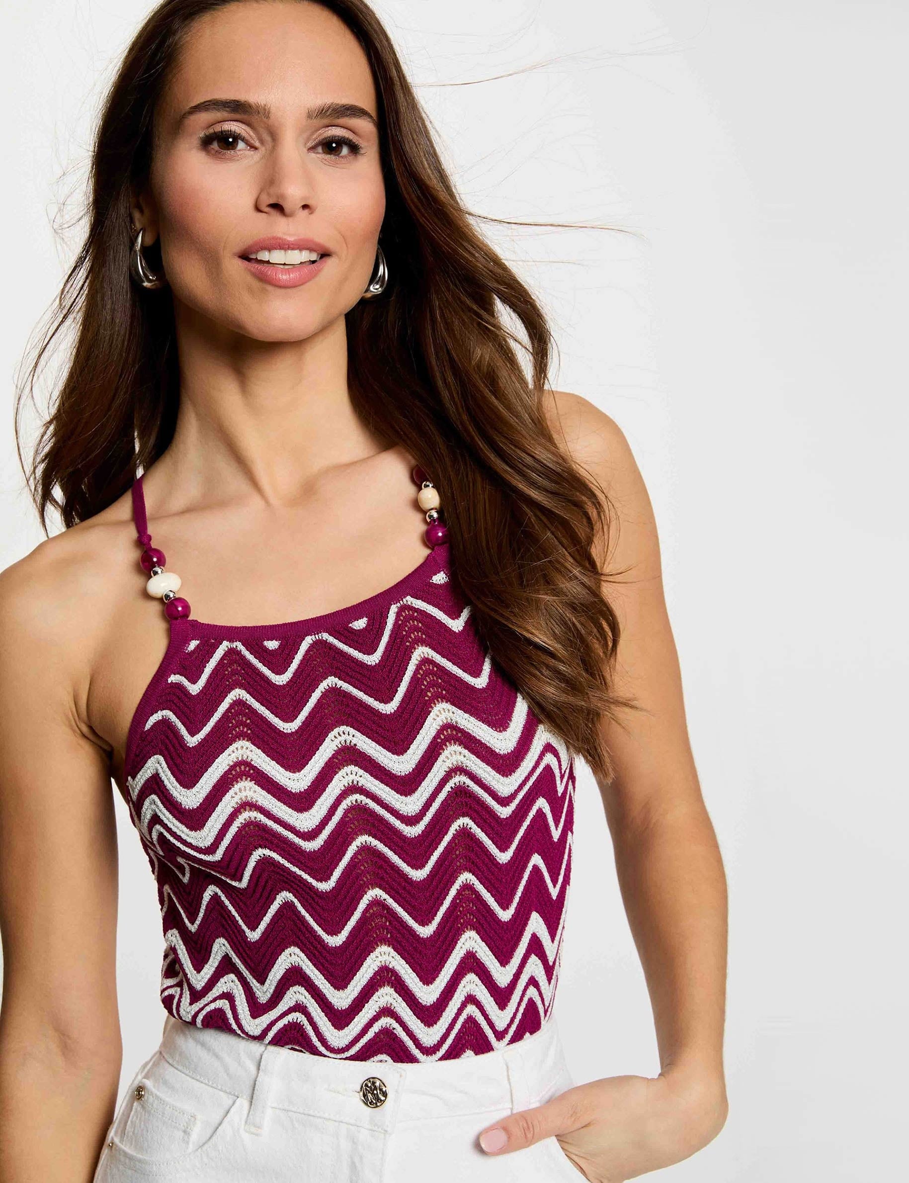 Top en maille imprim&eacute; prune femme