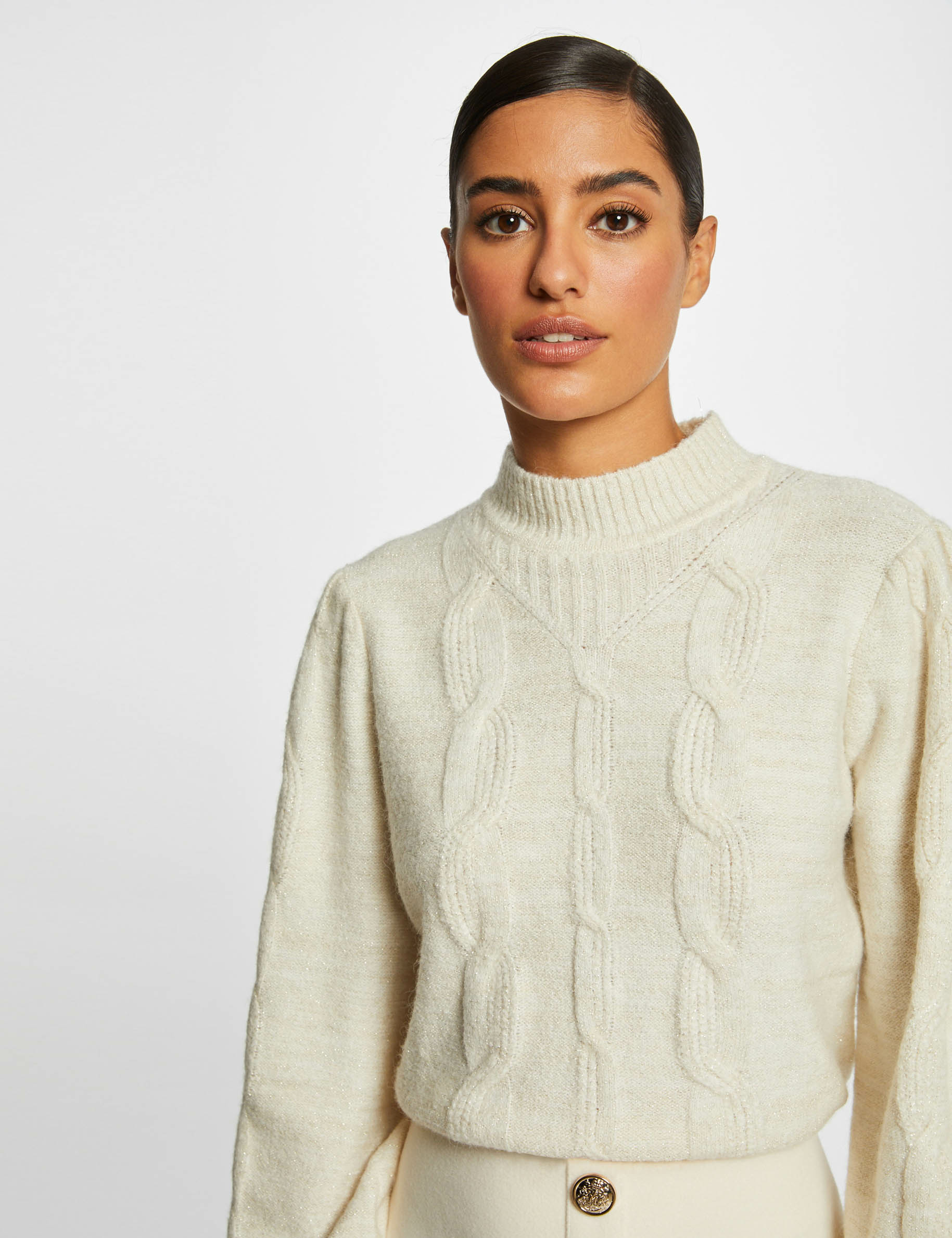 Pull manches longues avec col montant ivoire femme Pull manches longues avec col montant ivoire femme