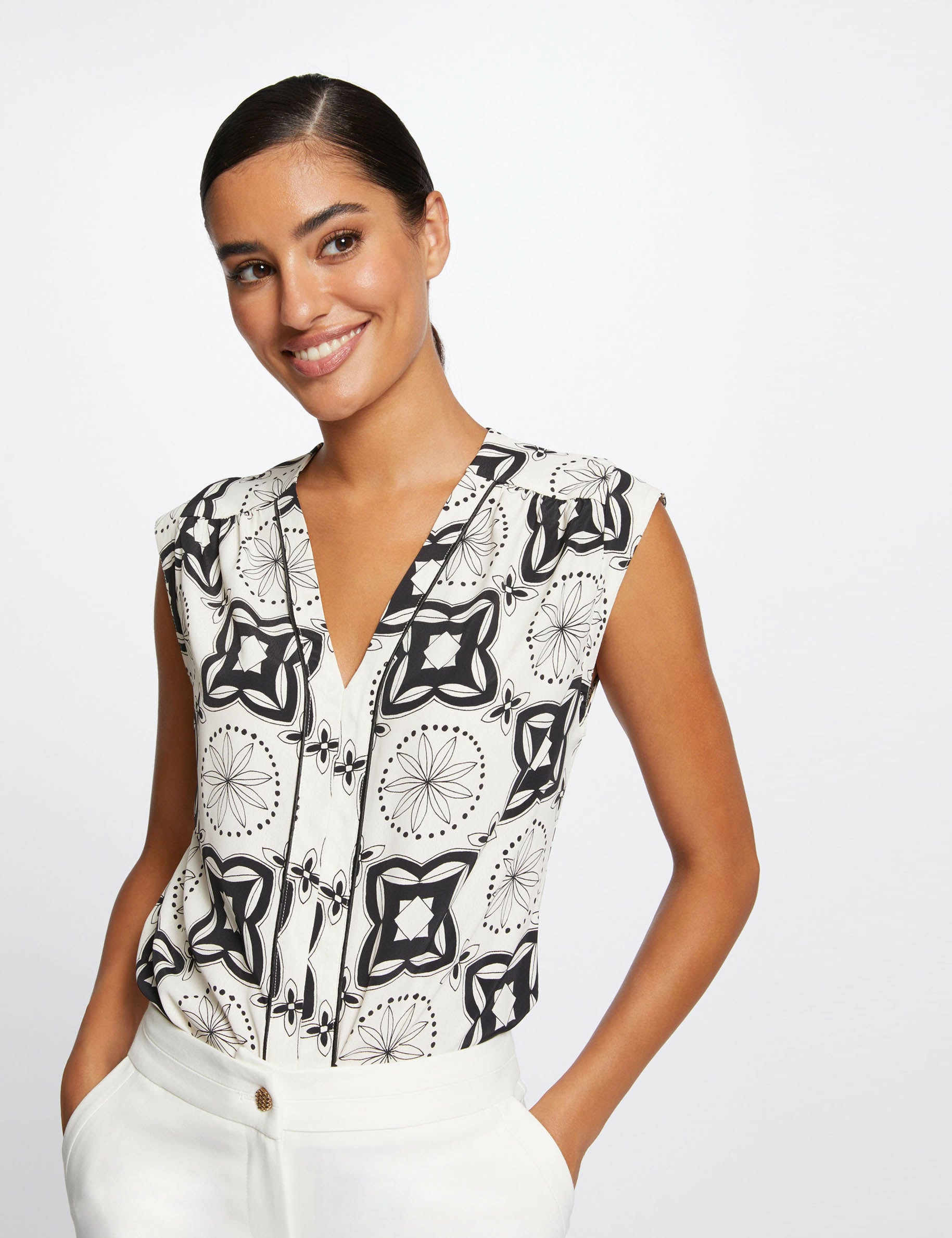 Débardeur Femme Crop Sans Manches Imprimé - Col En V, Léger, Pour L'été, Coupe Courte - 9