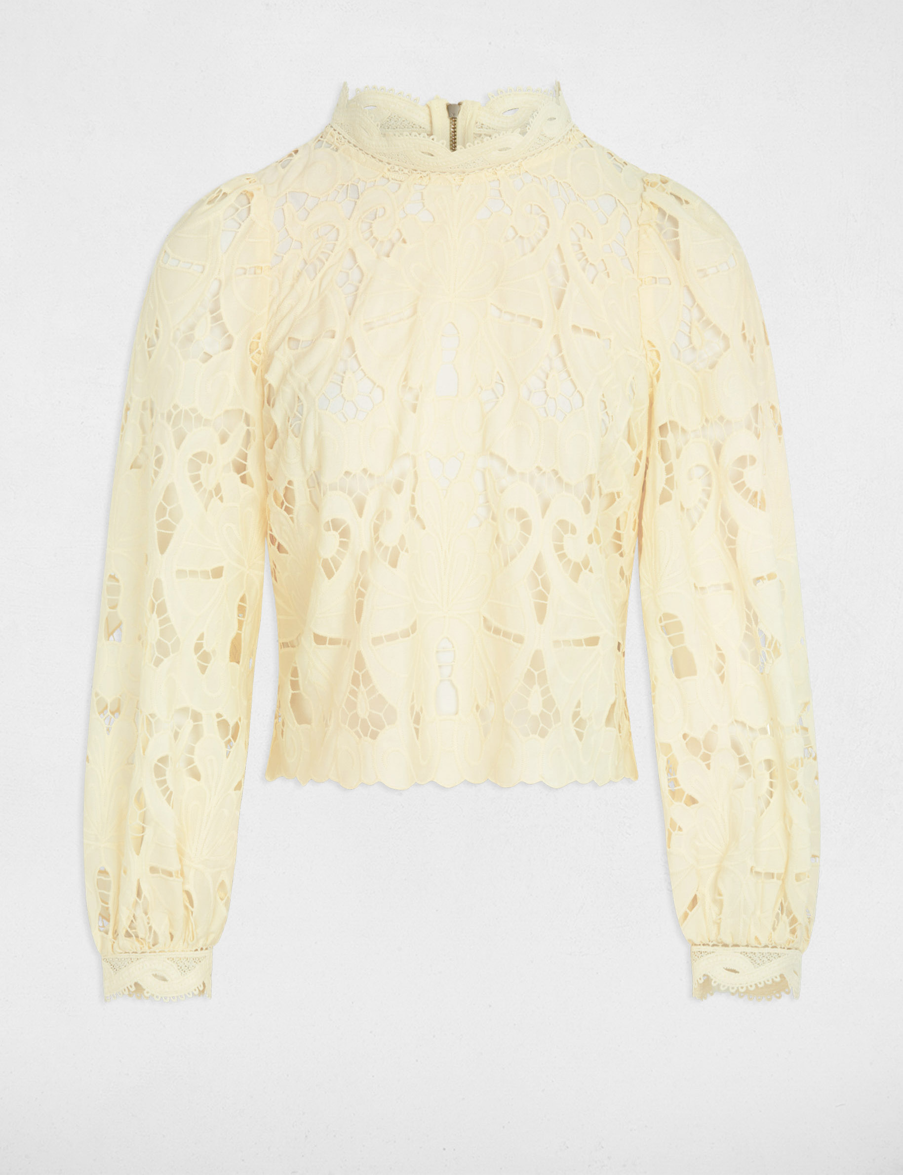 Blouse broderie col montant jaune pastel femme