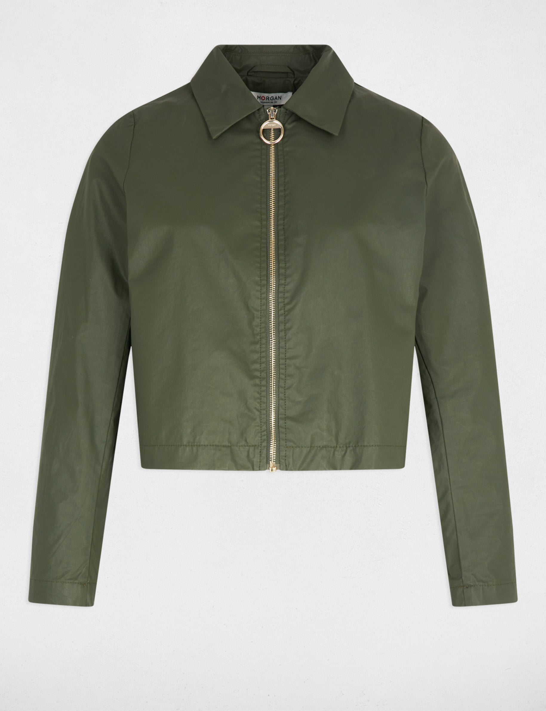 Veste courte zipp&eacute;e vert kaki femme