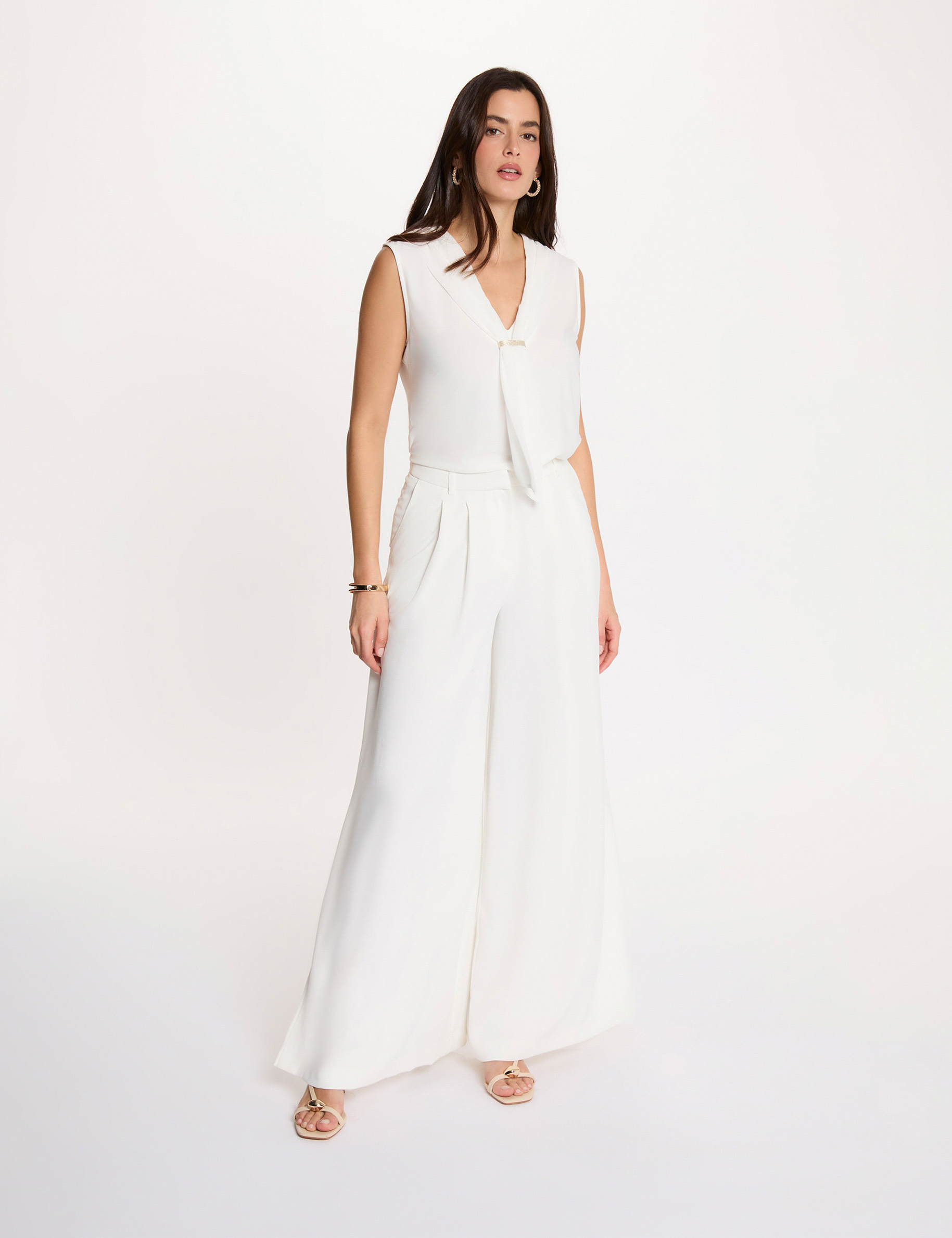 T-shirt col lavalli&egrave;re blanc femme