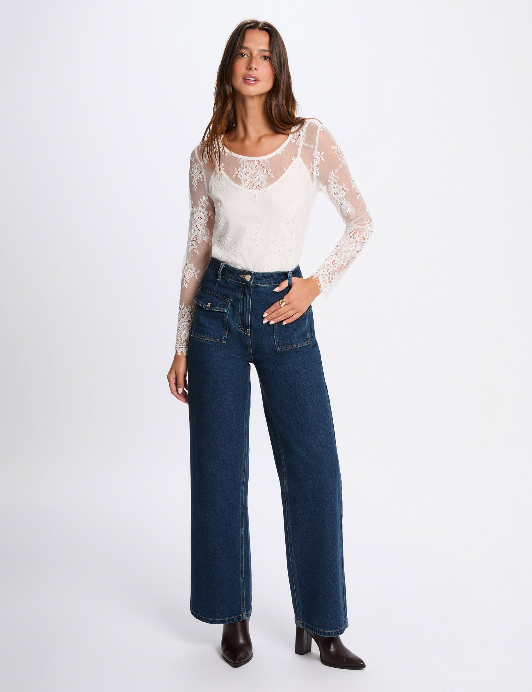 T-shirt dentelle manches longues ivoire femme
