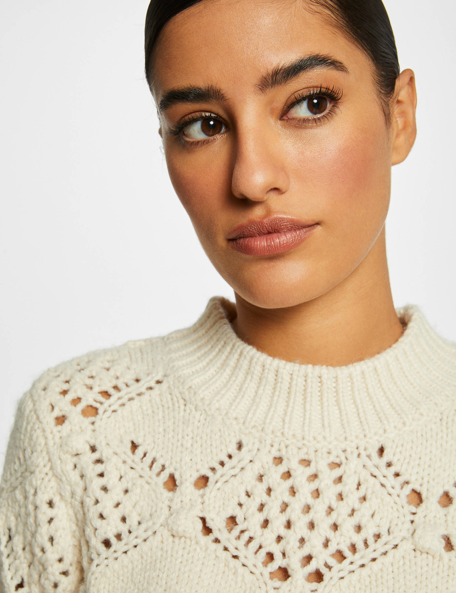 Pull manches longues à détails ajourés ivoire femme Pull manches longues à détails ajourés ivoire femme