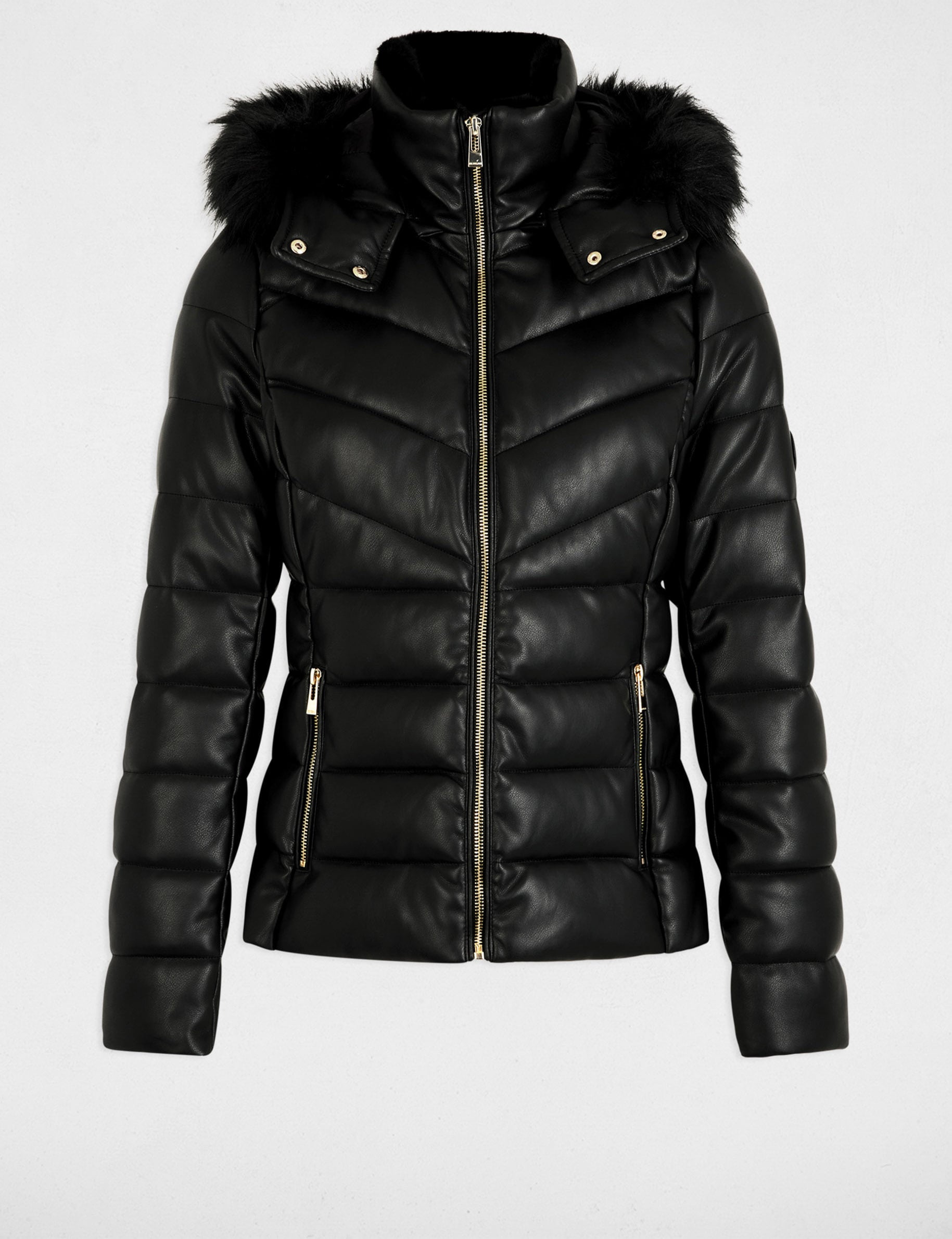 Doudoune similicuir cintr&eacute;e noir femme