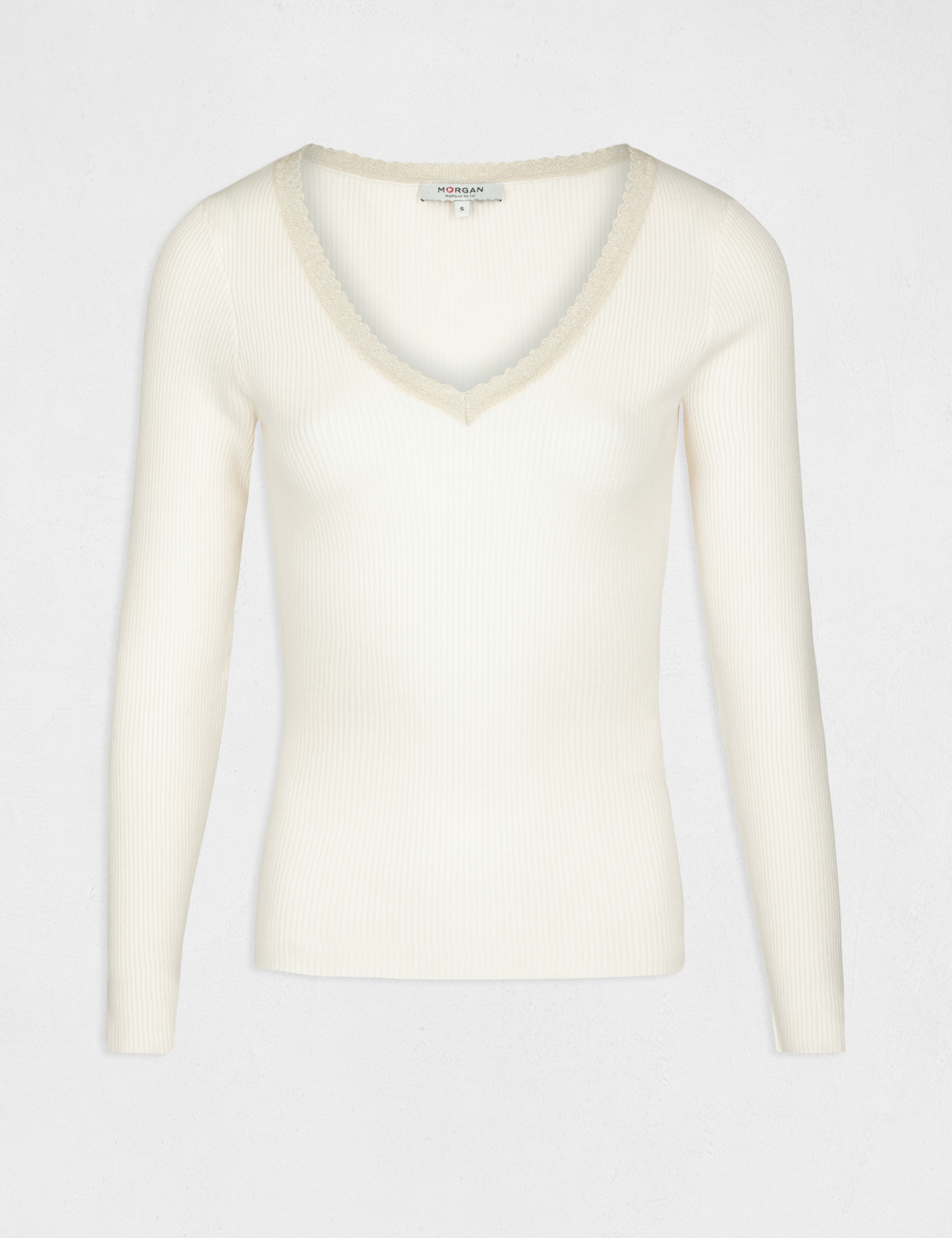 Pull manches longues avec col en V ivoire femme Pull manches longues avec col en V ivoire femme