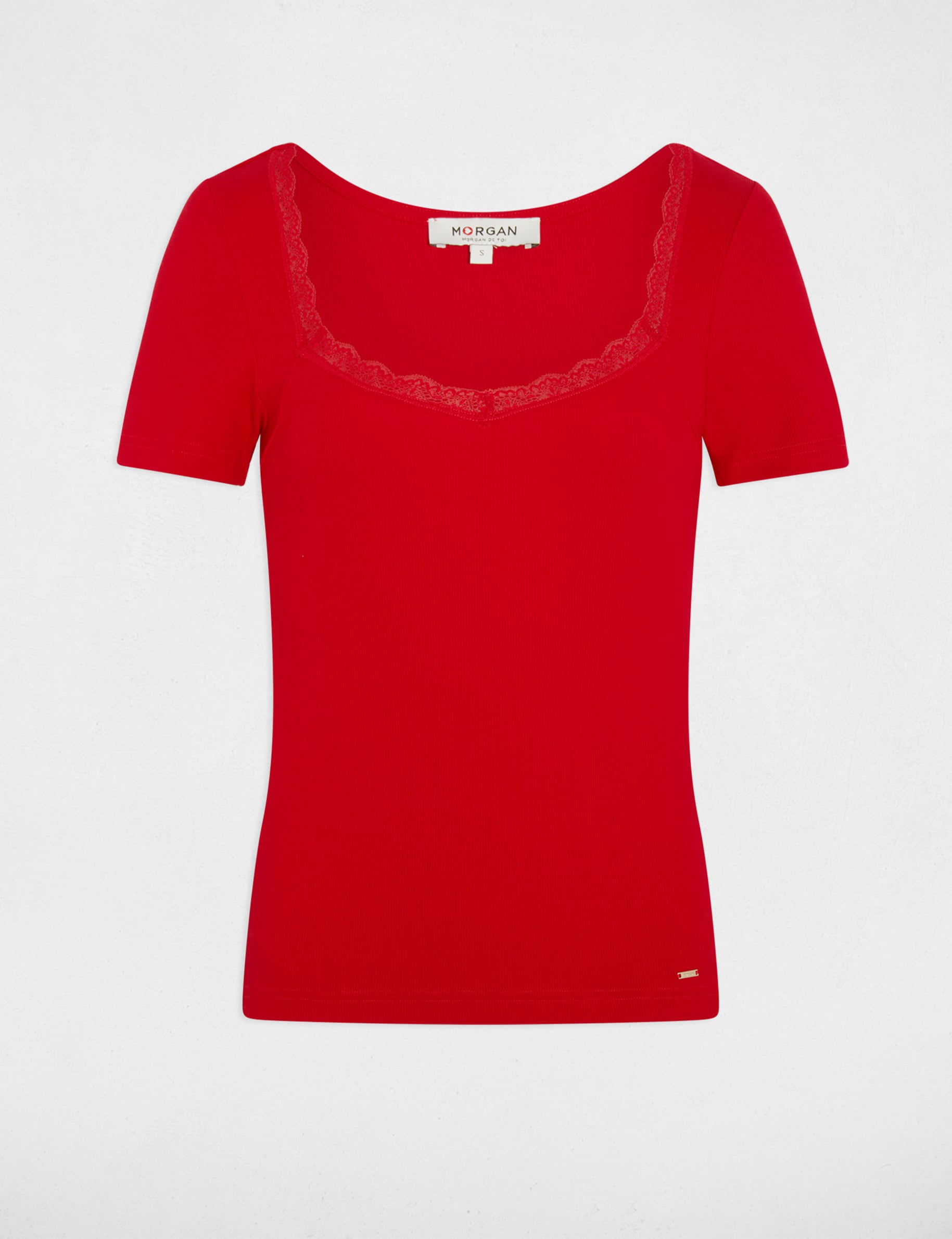 T-shirt cintr&eacute; col coeur rouge femme