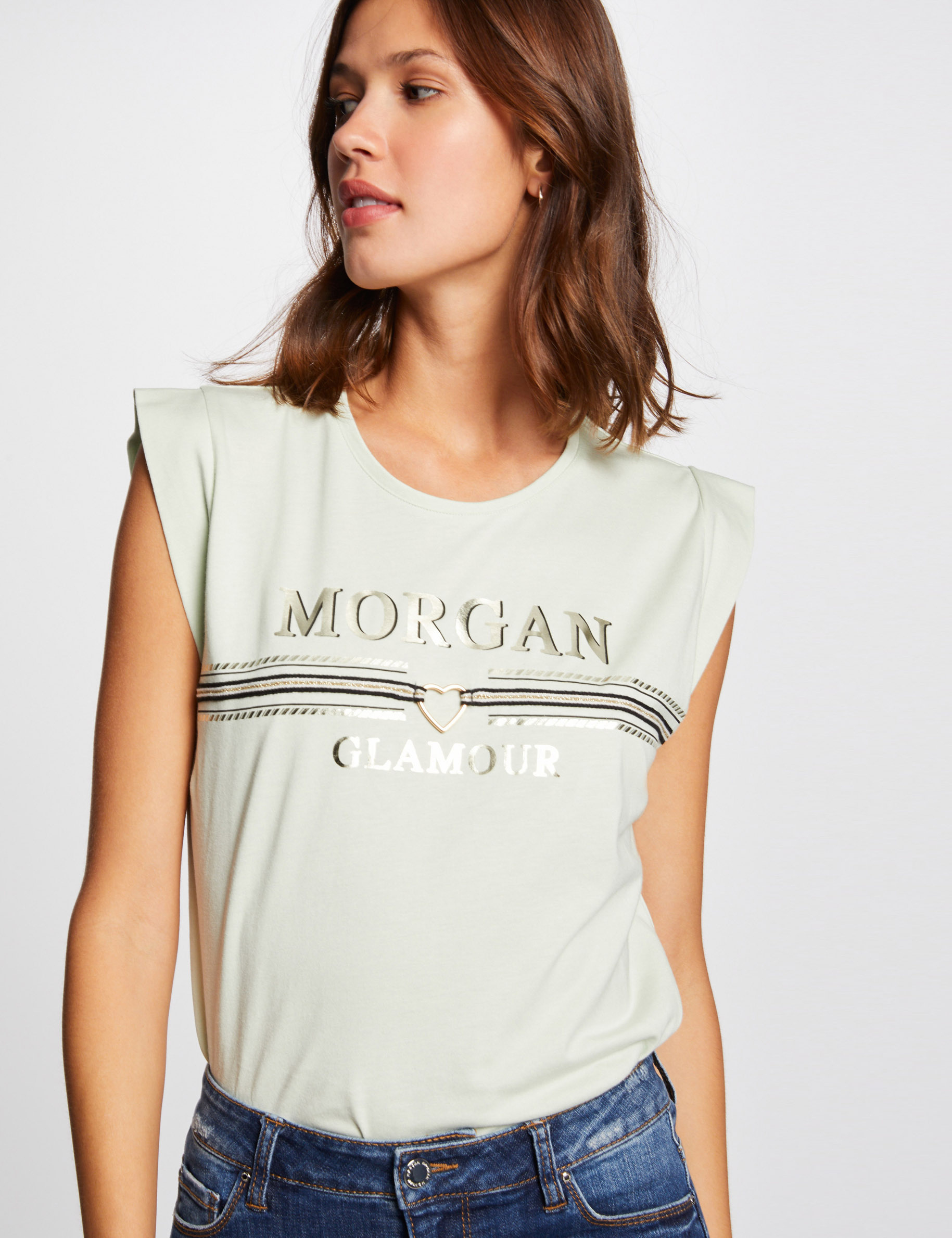t shirt manches courtes a inscription vert clair femme T-shirt manches courtes à inscription vert clair femme