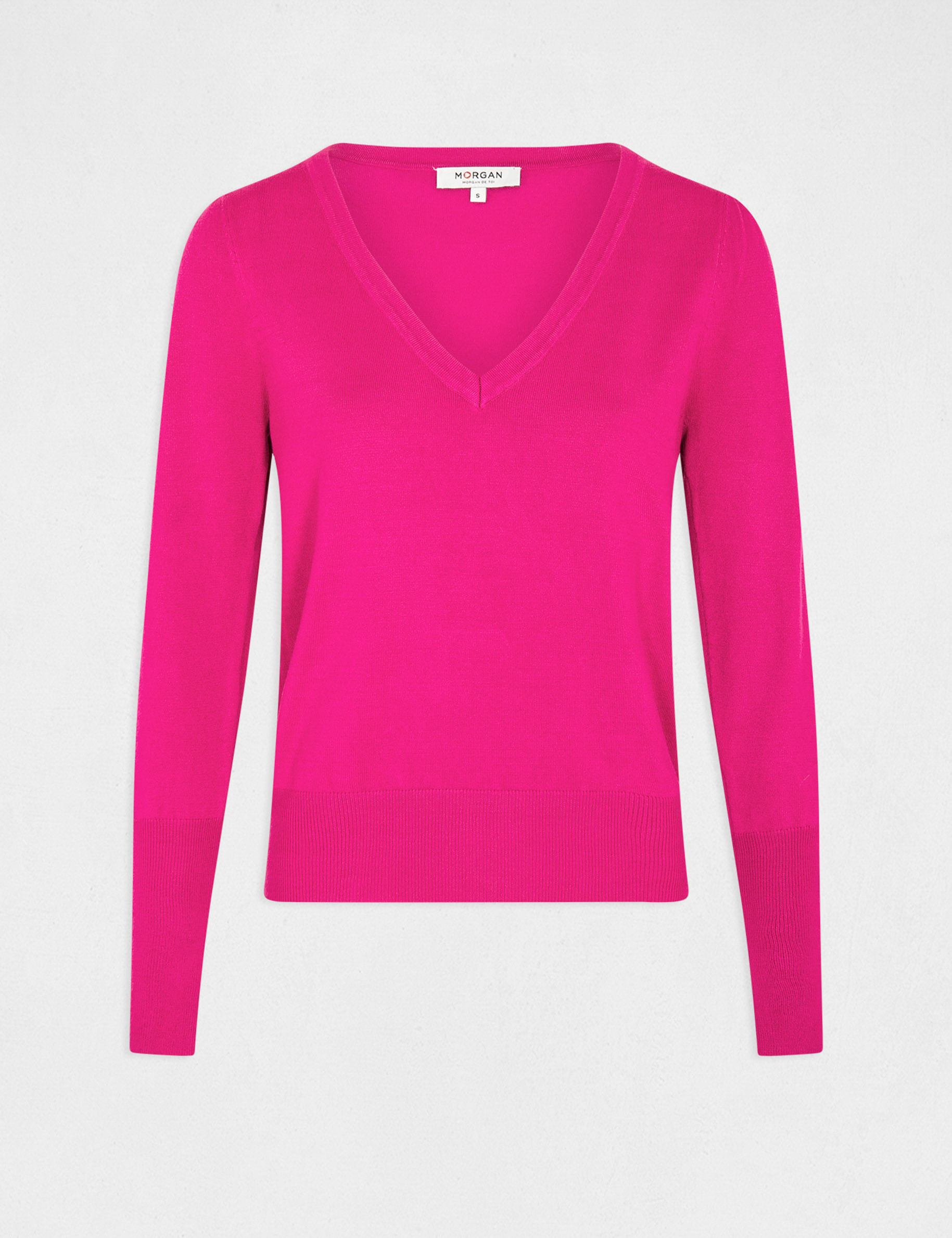 Pull manches longues avec col en V rose fonce femme