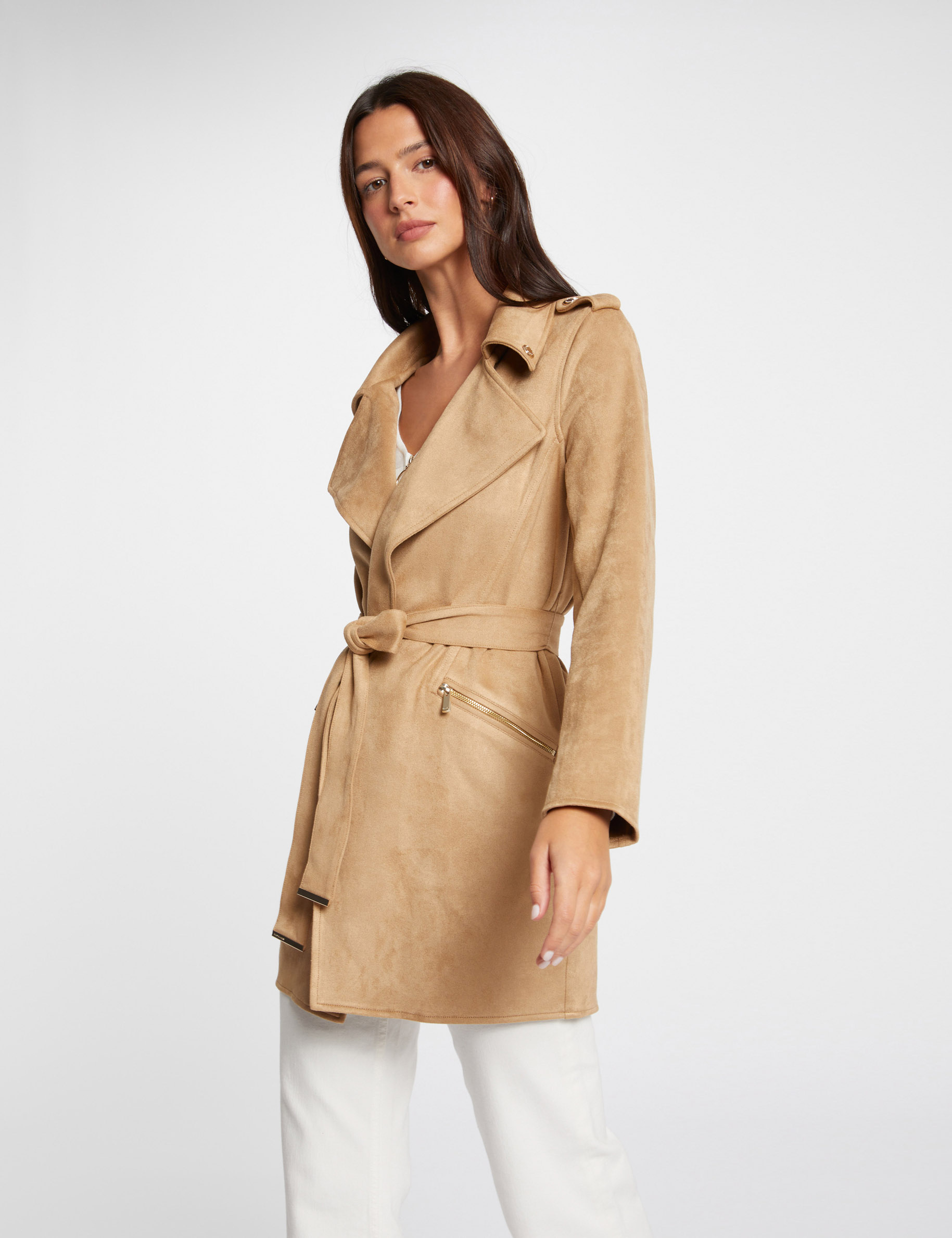 manteau long ceinture suedine beige femme Manteau long ceinturé suédine beige femme