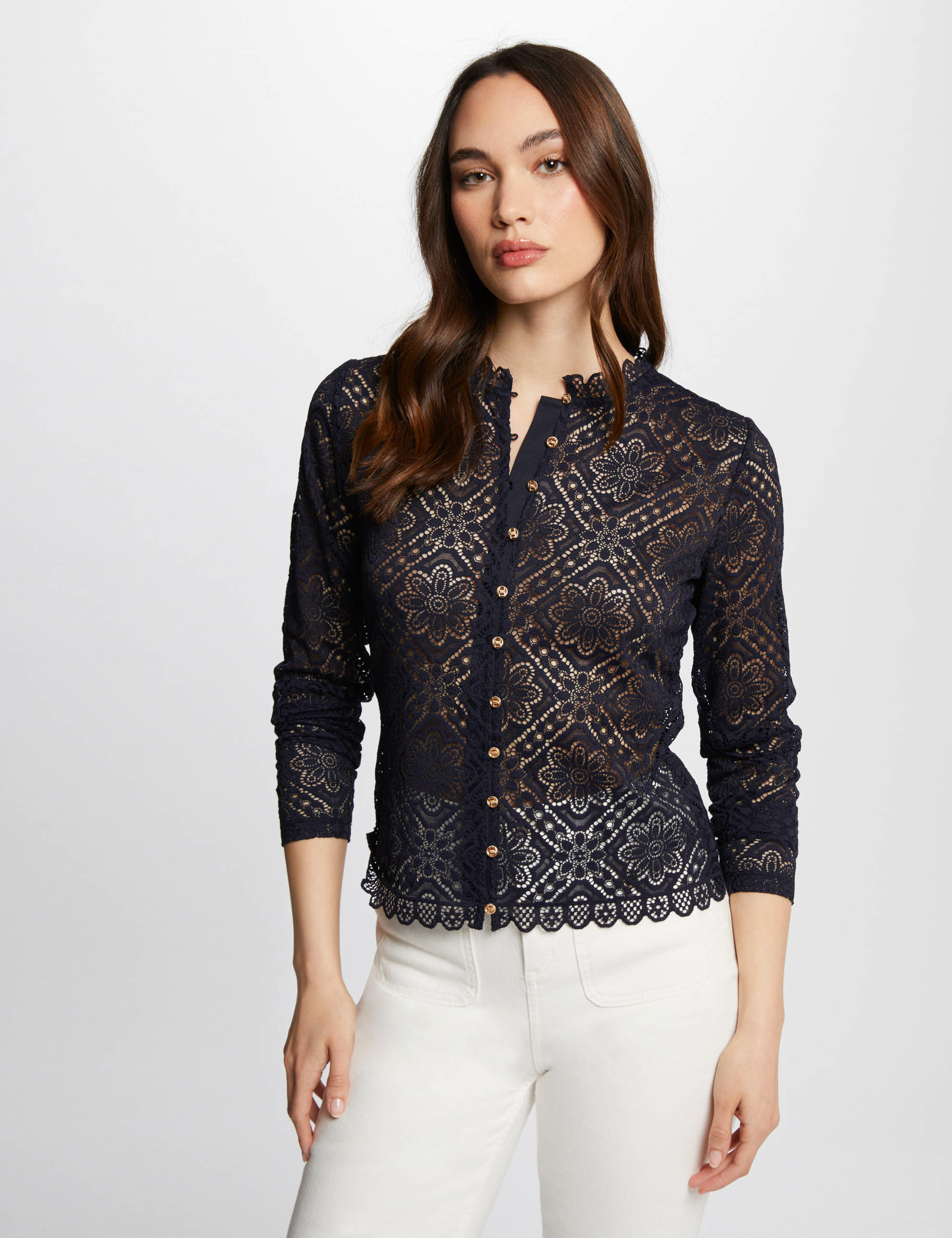 T shirt manches longues en dentelle marine femme Morgan