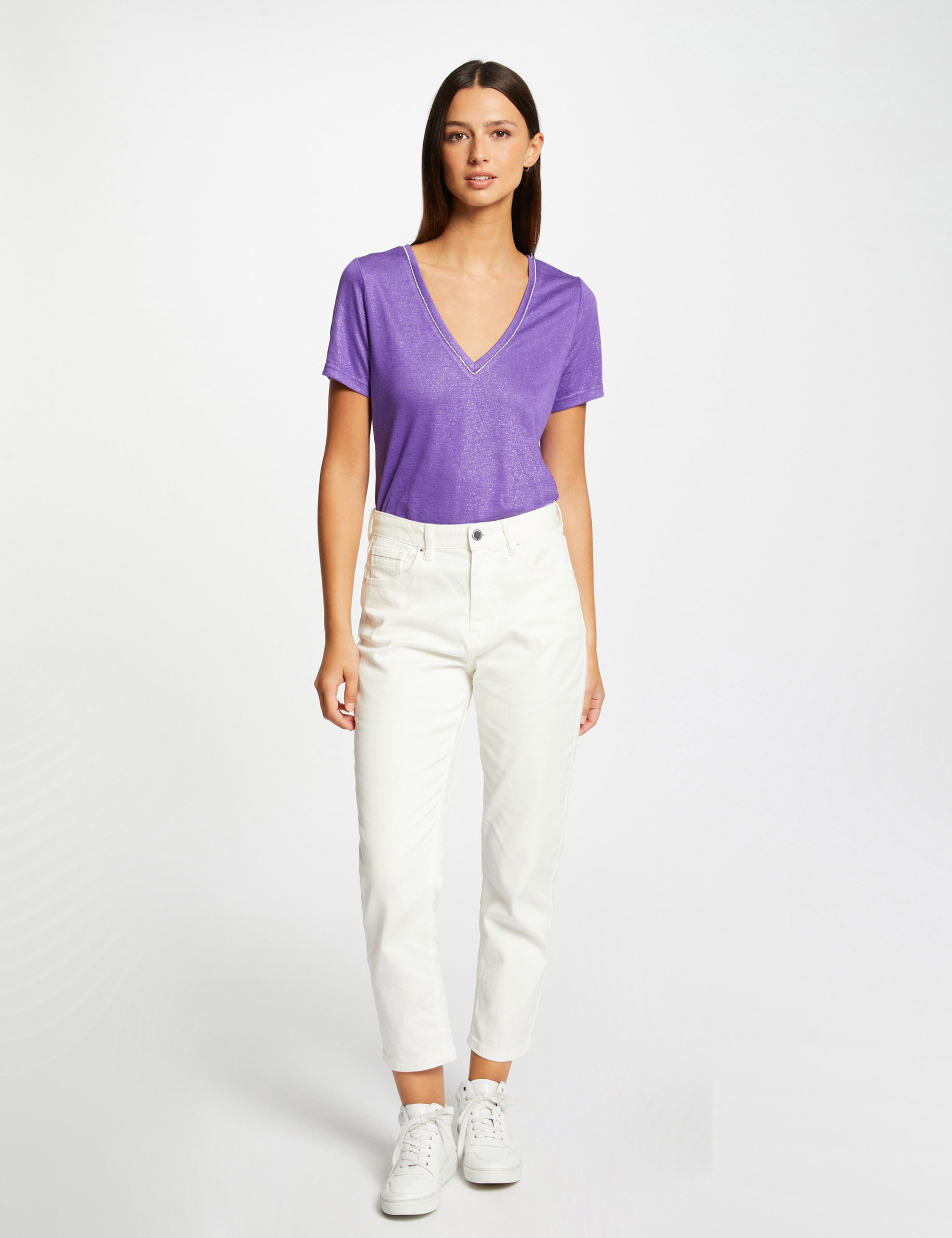 t shirt manches courtes a col en v violet femme T-shirt manches courtes à col en V violet femme