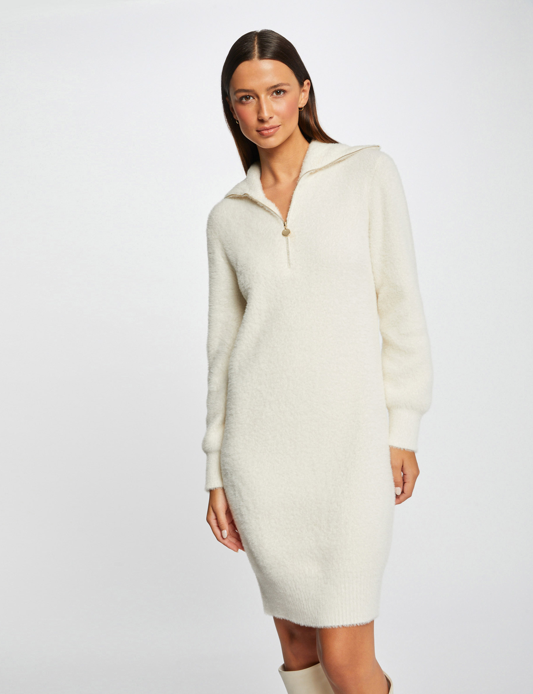 robe pull droite avec col camionneur ivoire femme Robe pull droite avec col camionneur ivoire femme
