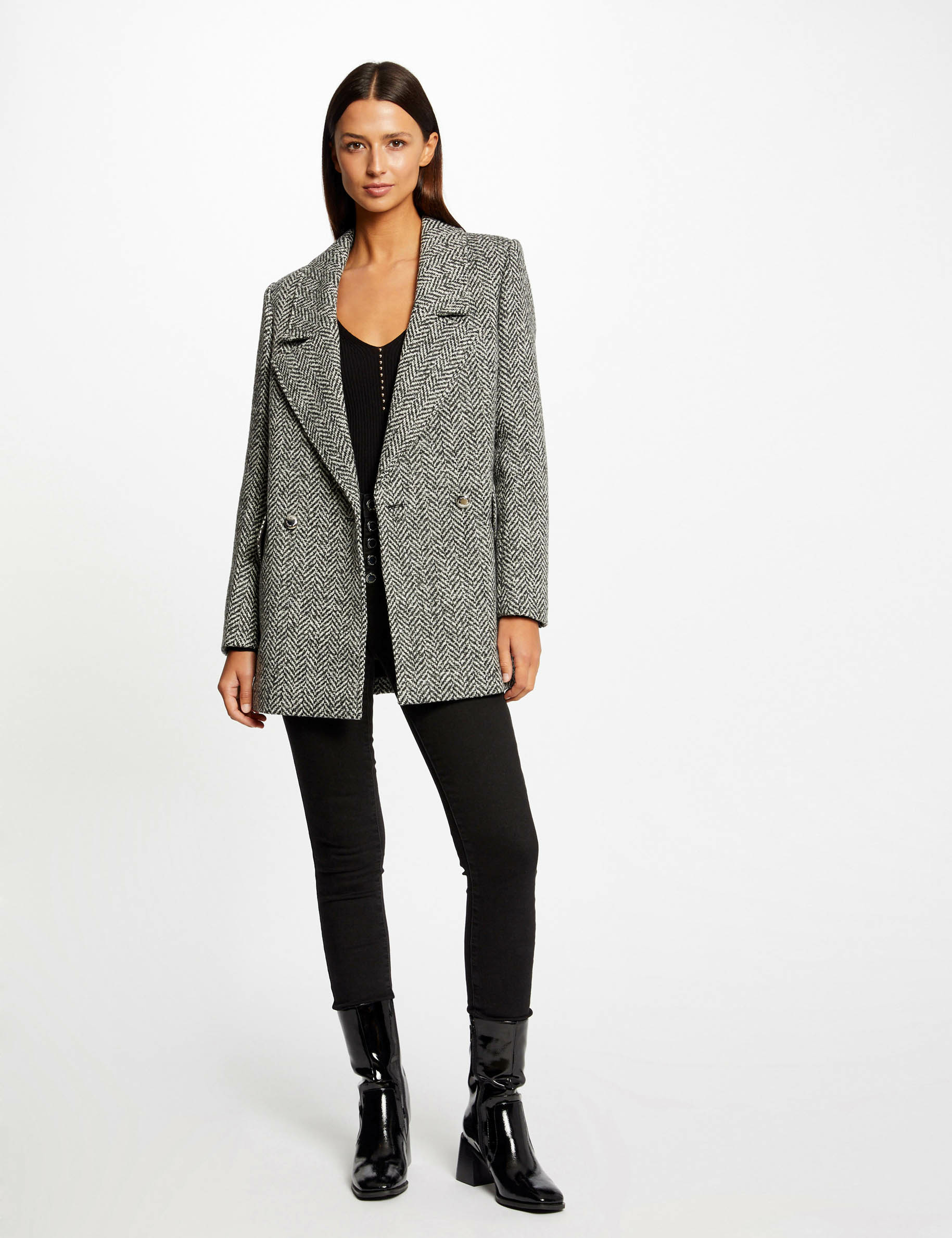 Manteau droit boutonné imprimé chevron gris moyen femme