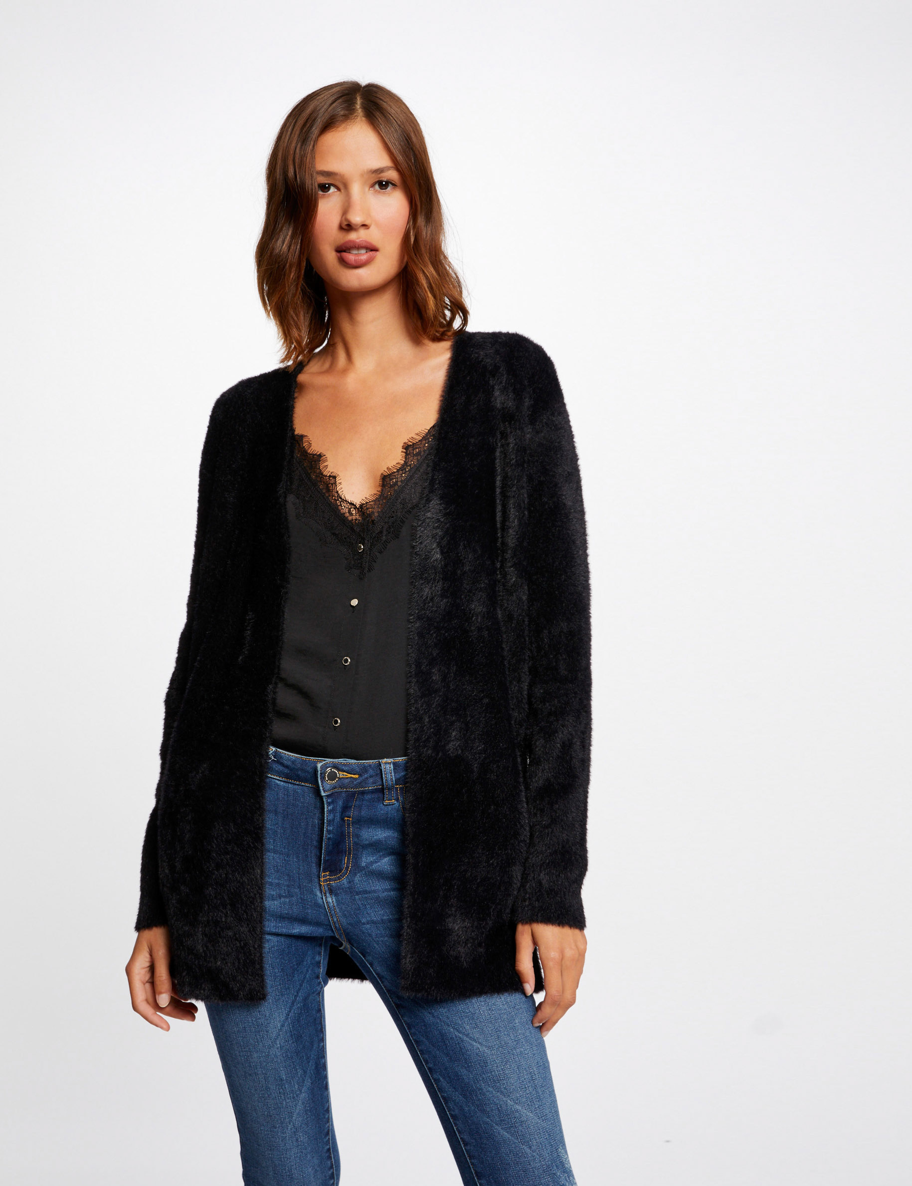 Image of Gilet long maille duveteuse noir femme