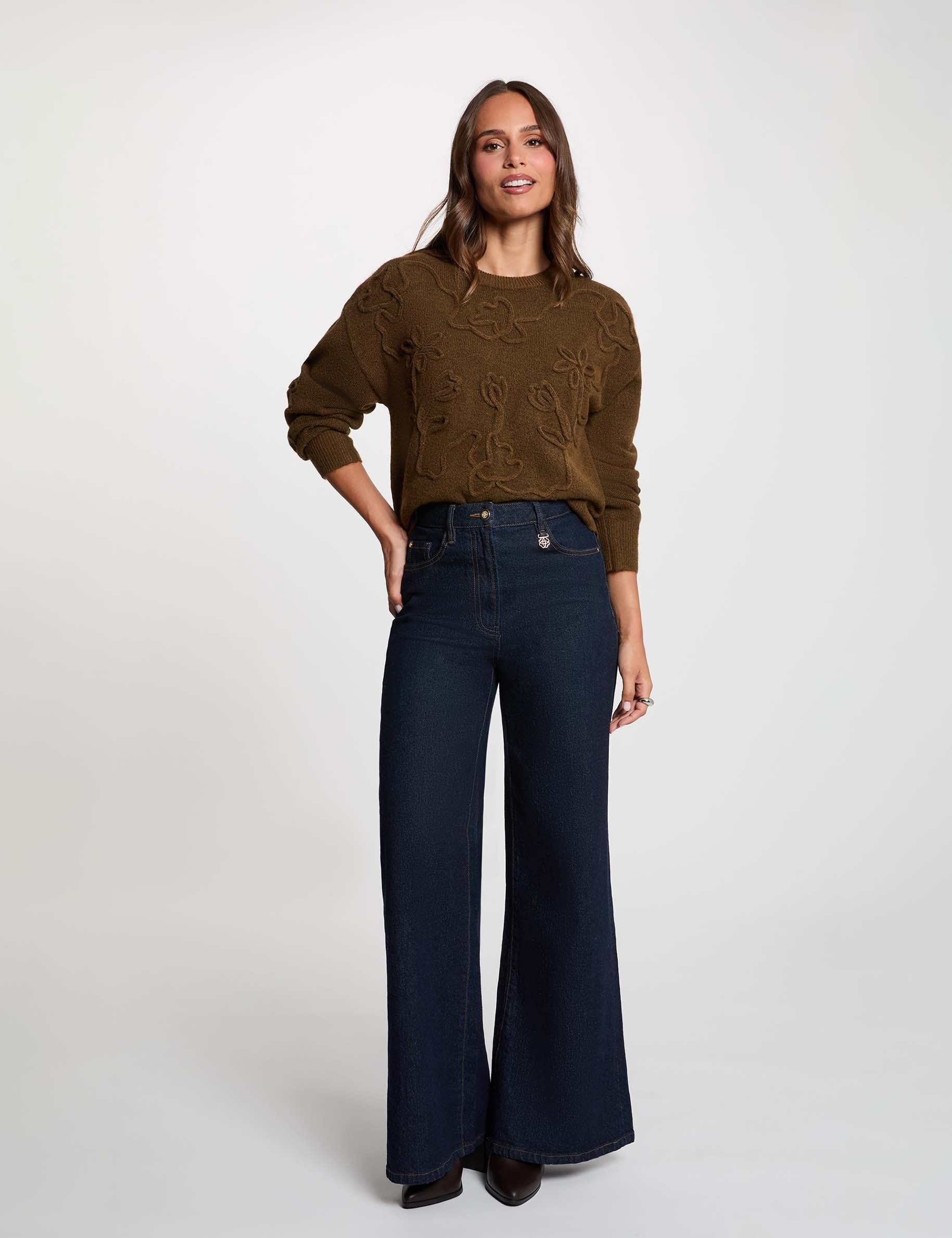 Pull col rond fantaisie vert kaki femme