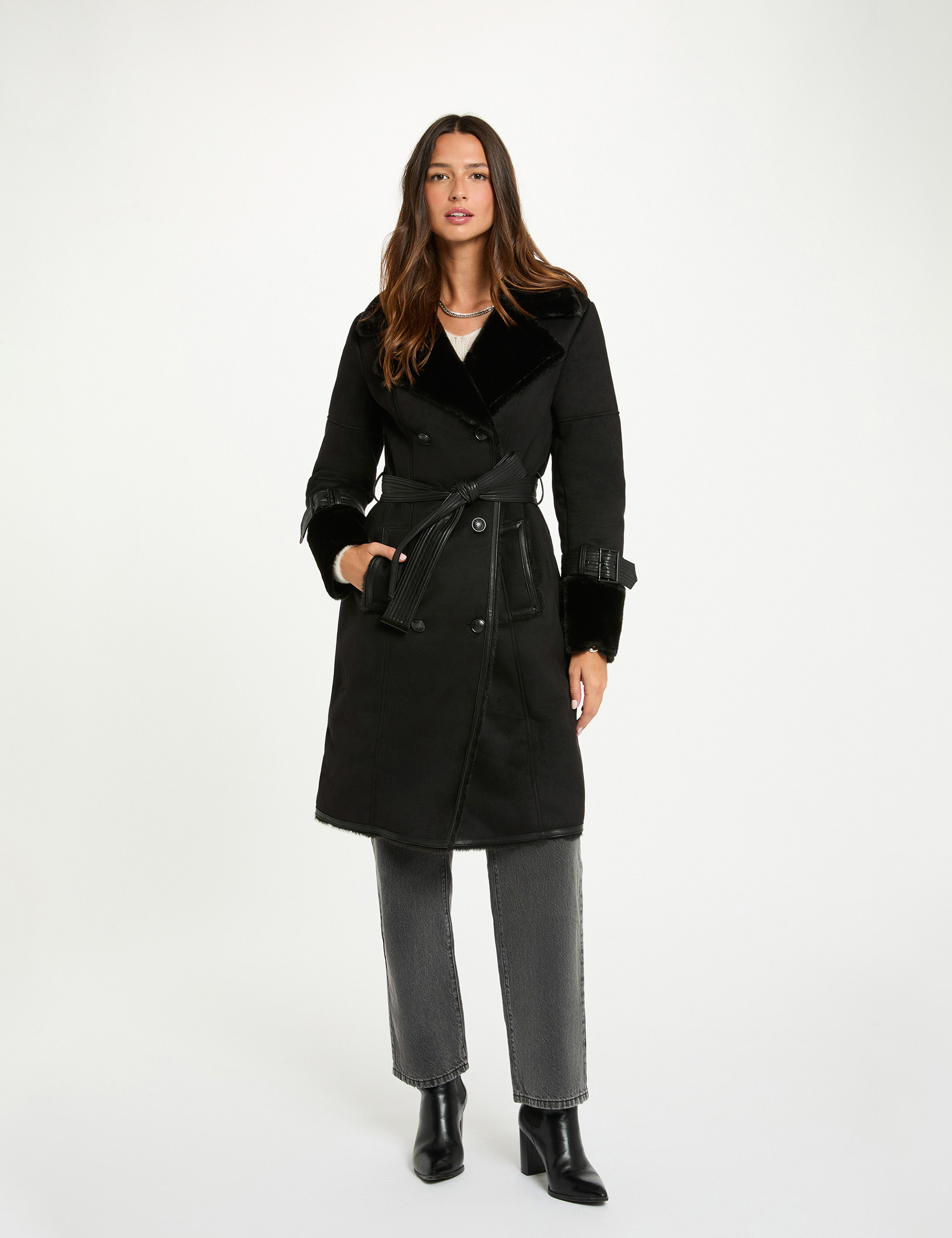 Trench-coat Topshop UK 8 - Noir, Col Fausse Fourrure, Neuf Avec étiquettes