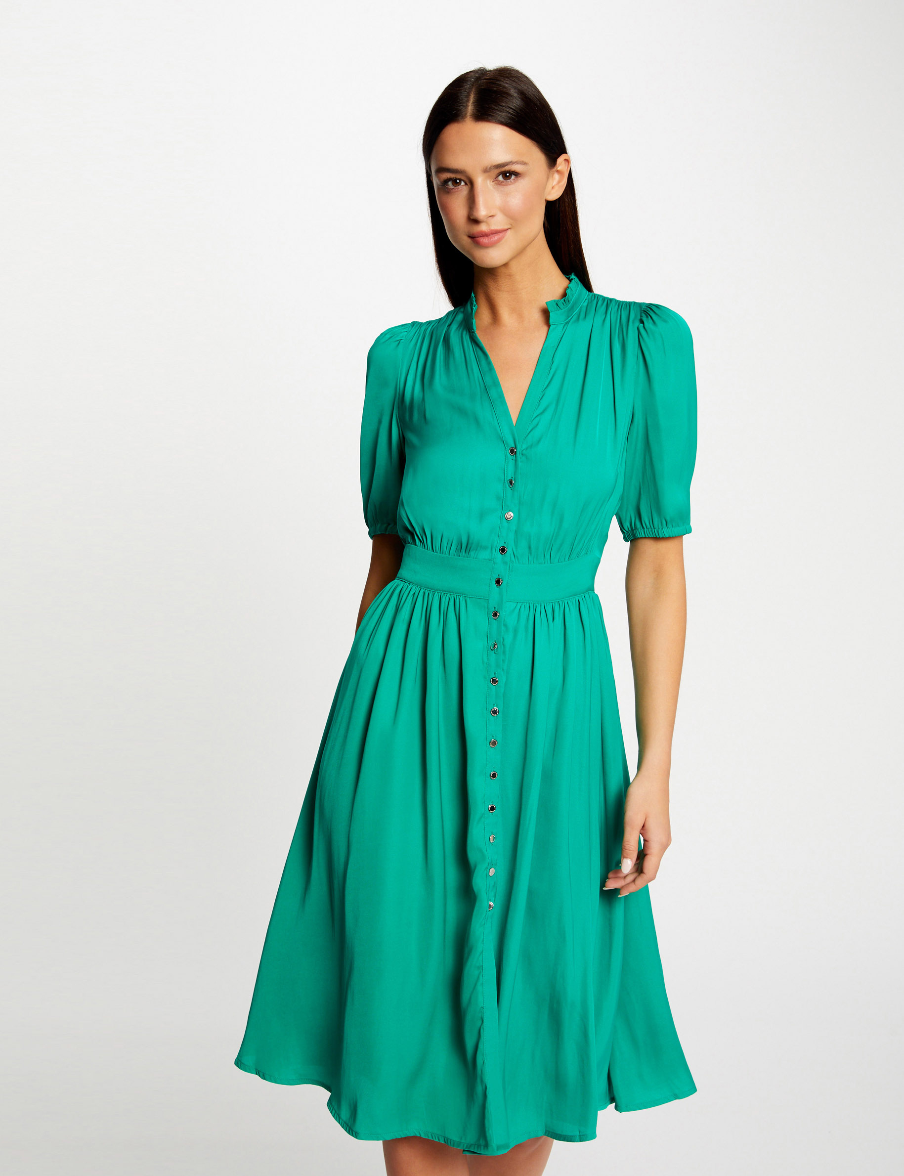 Robe manches 3/4 boutonnée à l'avant vert moyen femme Robe manches 3/4 boutonnée à l'avant vert moyen femme