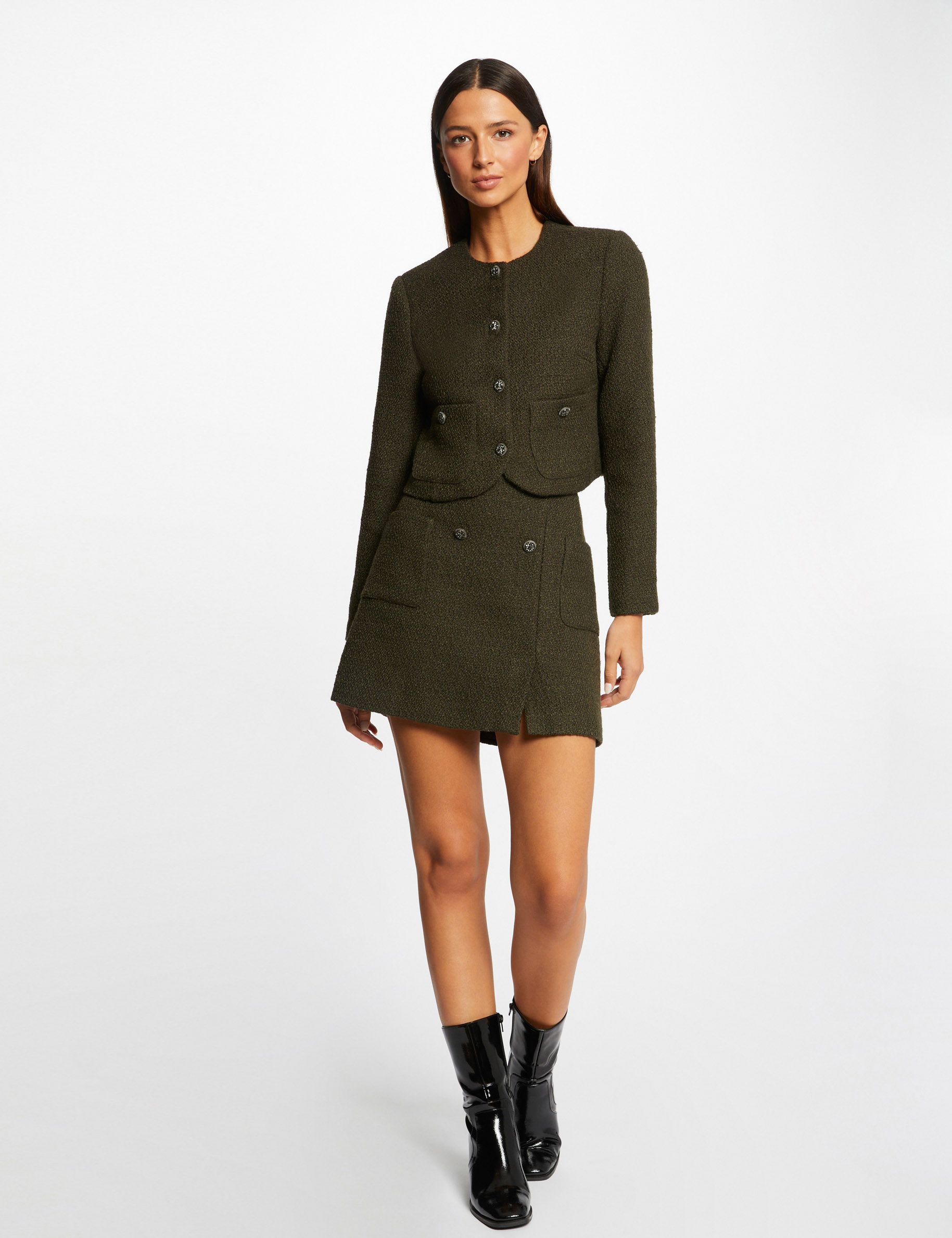 veste droite boutonnee avec col rond vert fonce femme Veste droite boutonnée avec col rond vert fonce femme
