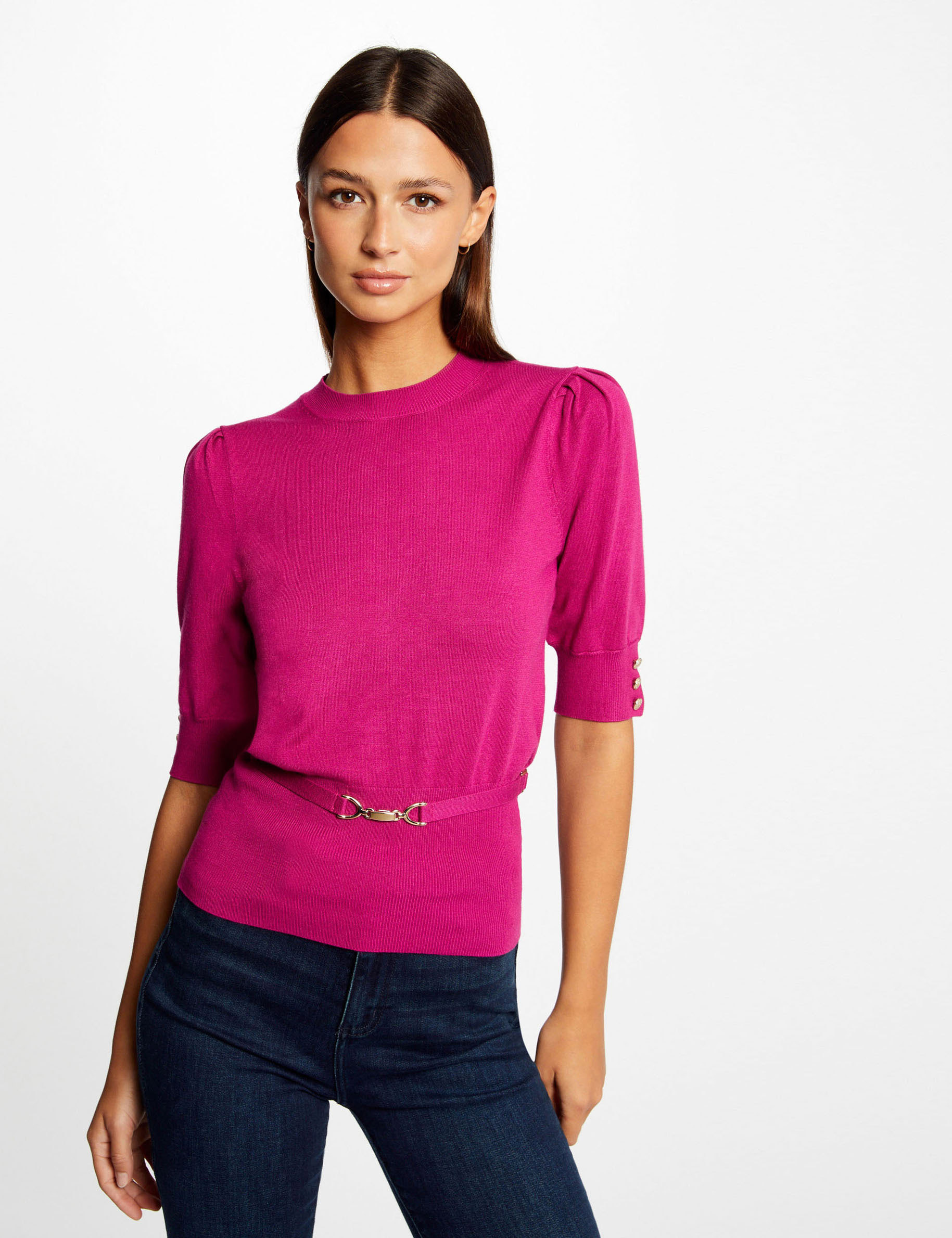 Image of Pull manches courtes ornement métallique framboise femme