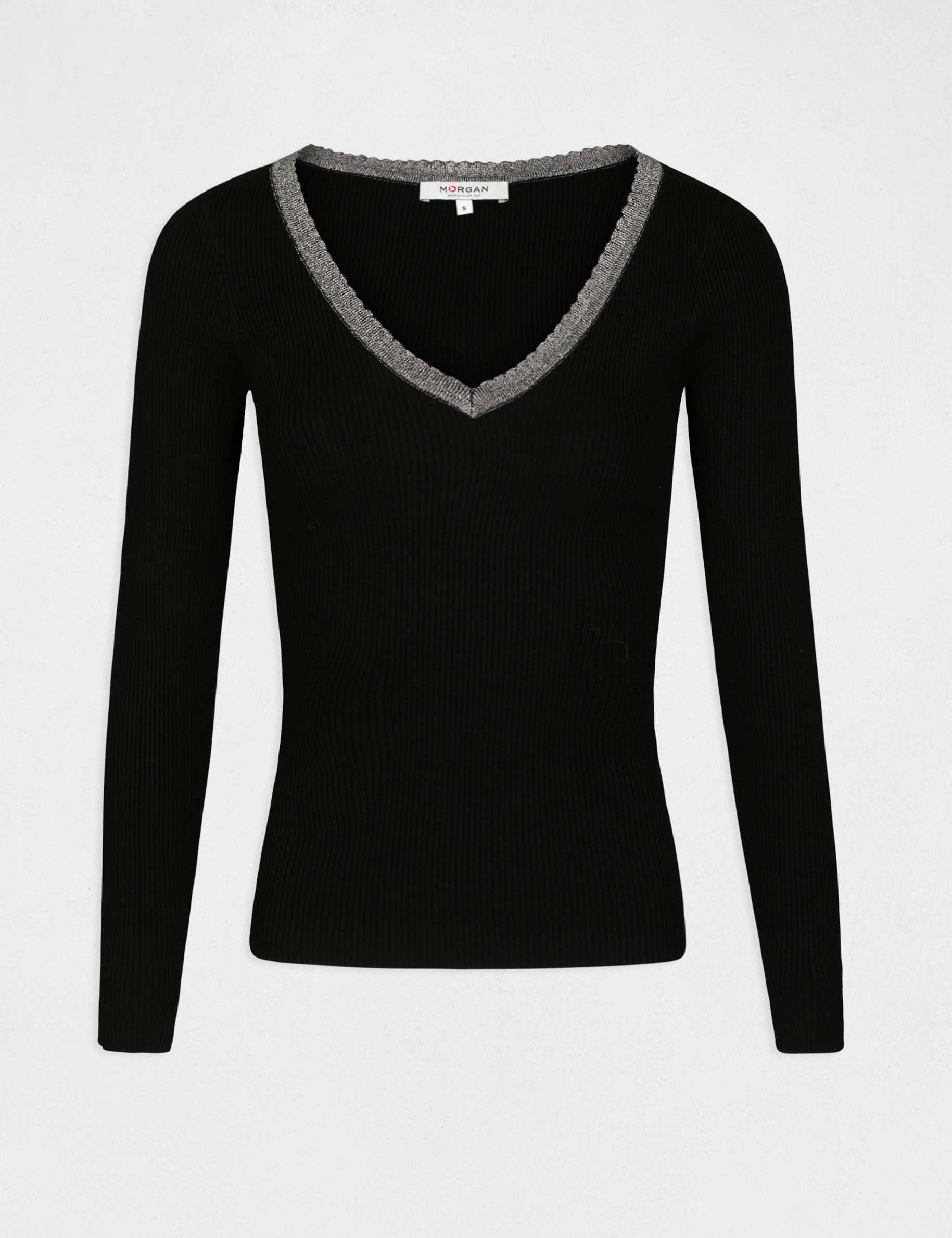 Pull manches longues avec col en V noir femme Pull manches longues avec col en V noir femme