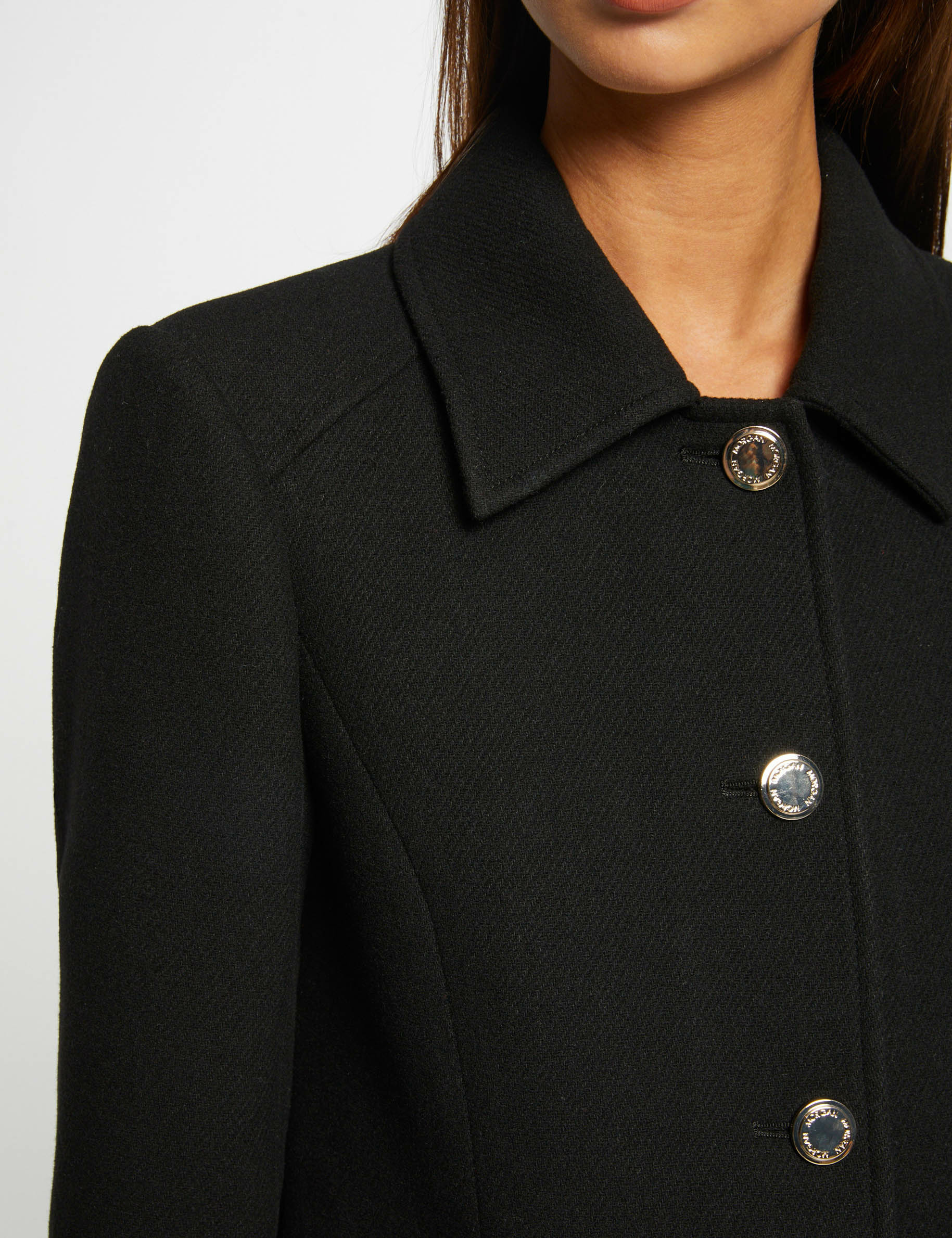 Manteau long droit boutonné noir femme