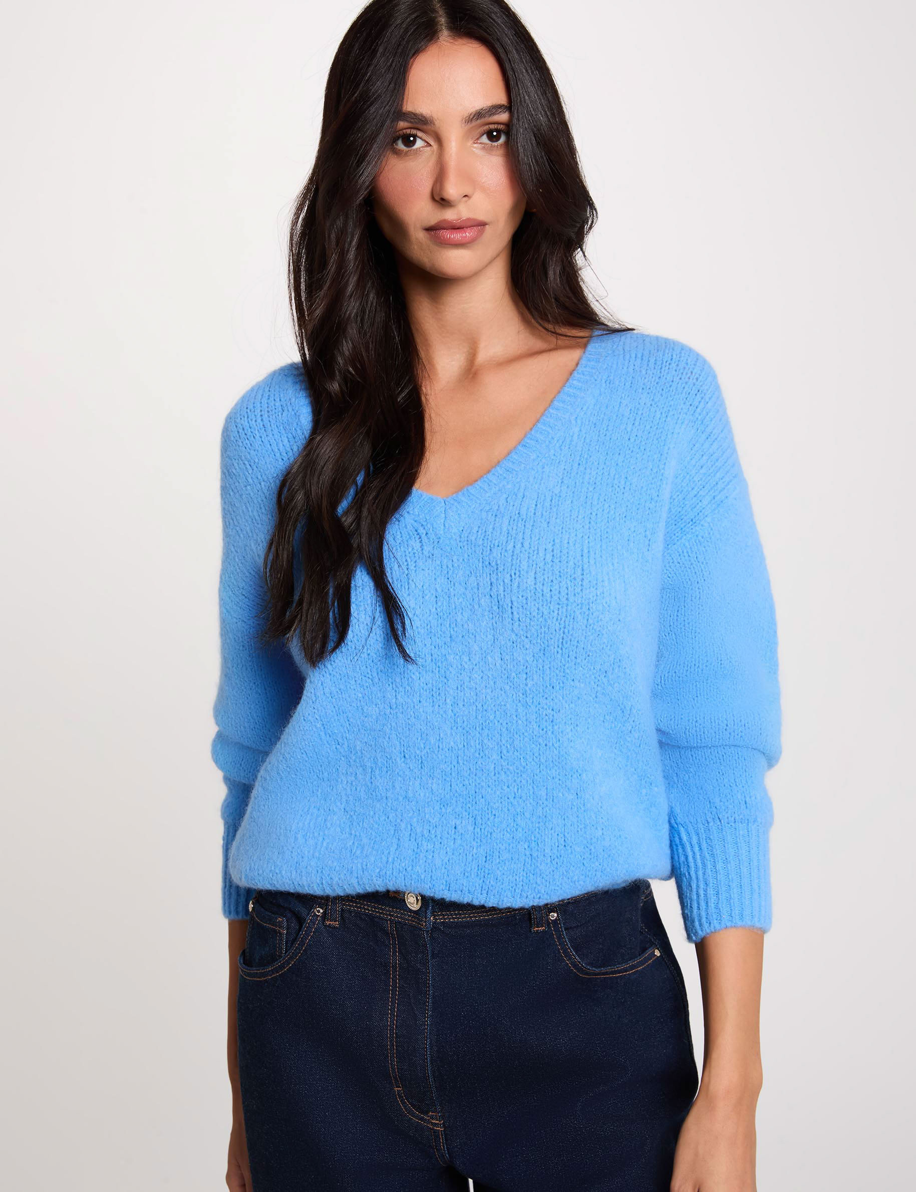 Pull col v manches longues bleu femme