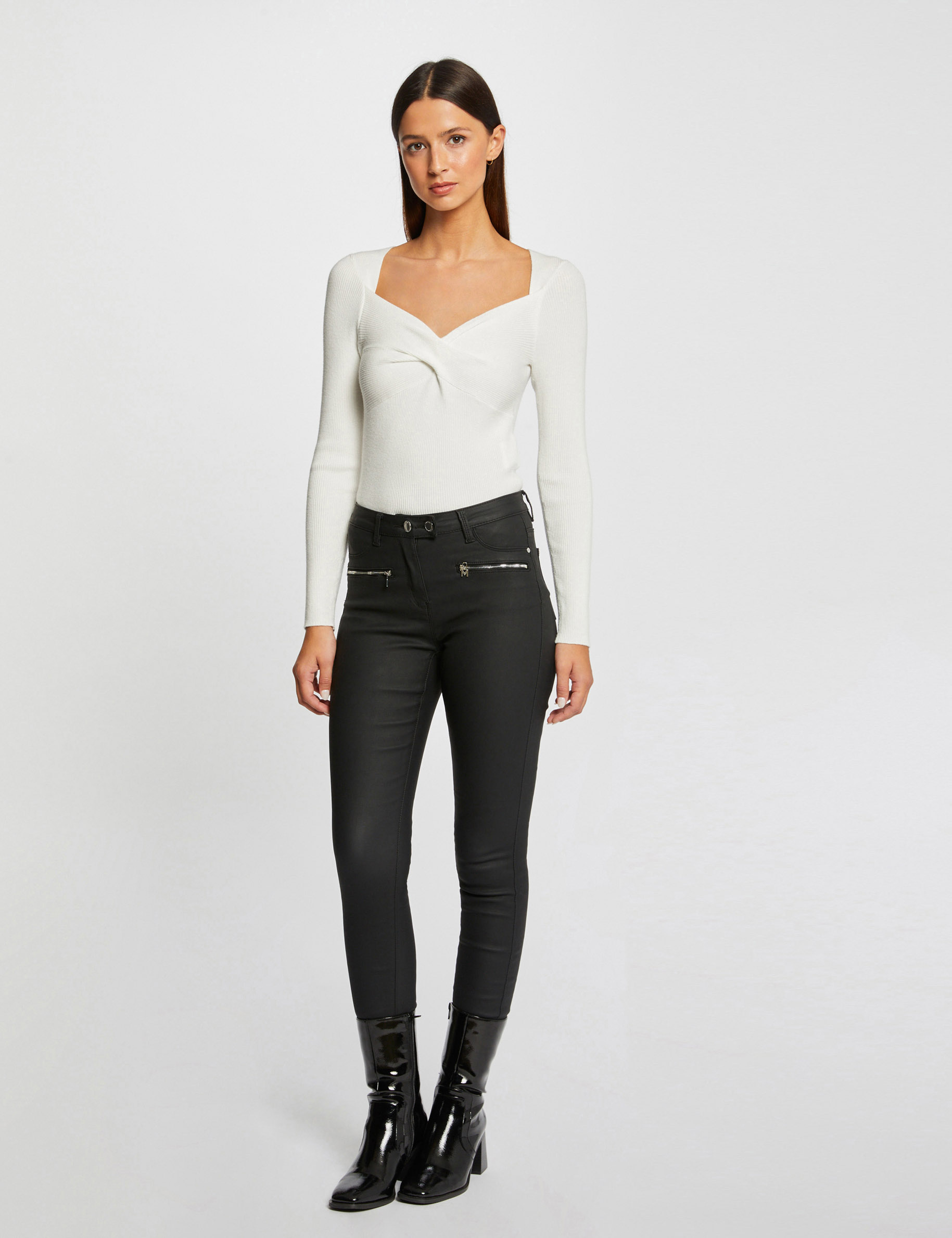 pantalon skinny enduit details zippes noir femme Pantalon skinny enduit détails zippés noir femme