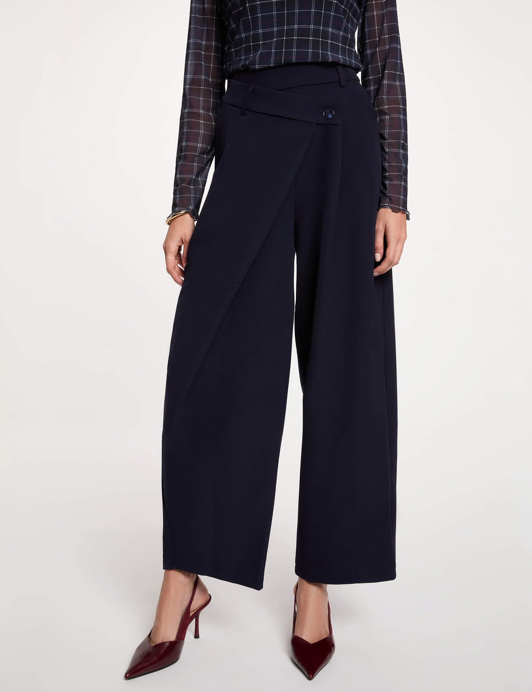 Pantalon large taille haute bleu marine femme