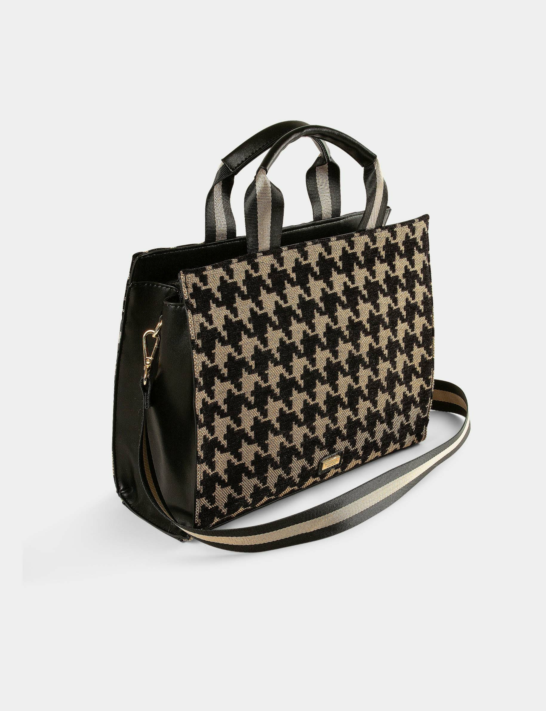 sac cabas imprime pied de coq marron femme Sac cabas imprimé pied de coq marron femme