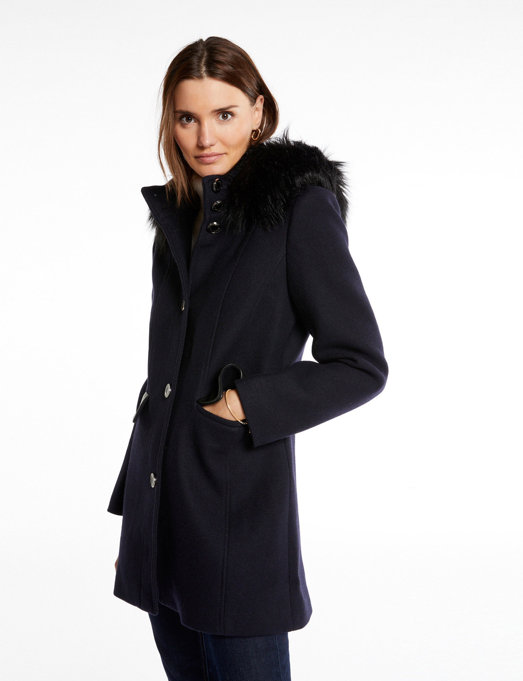manteau long details simili cuir marine femme Manteau long détails simili cuir marine femme