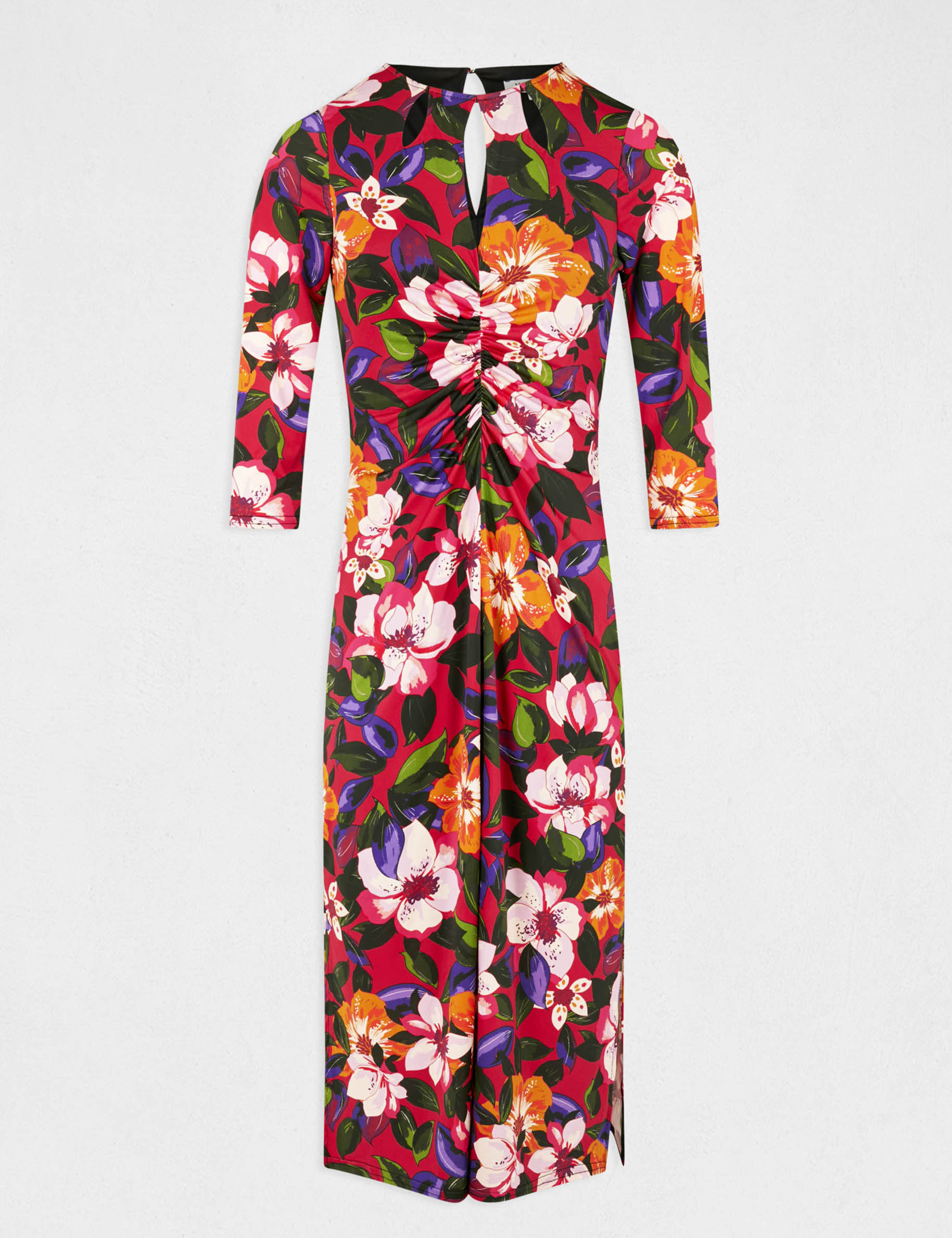 Robe midi ajustée froncée imprimé floral multico femme Robe midi ajustée froncée imprimé floral multico femme