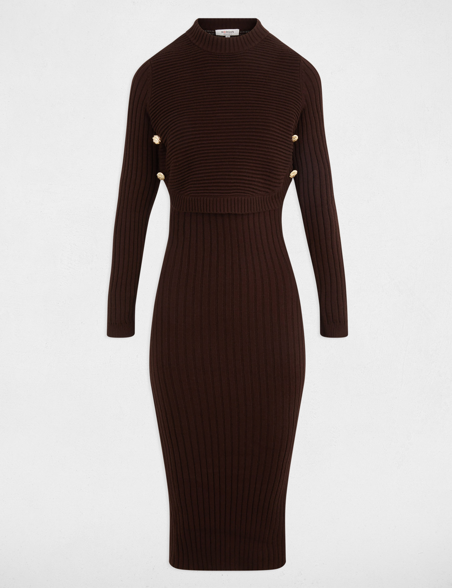 Robe tricot cintr&eacute;e manches longues marron fonc&eacute; femme