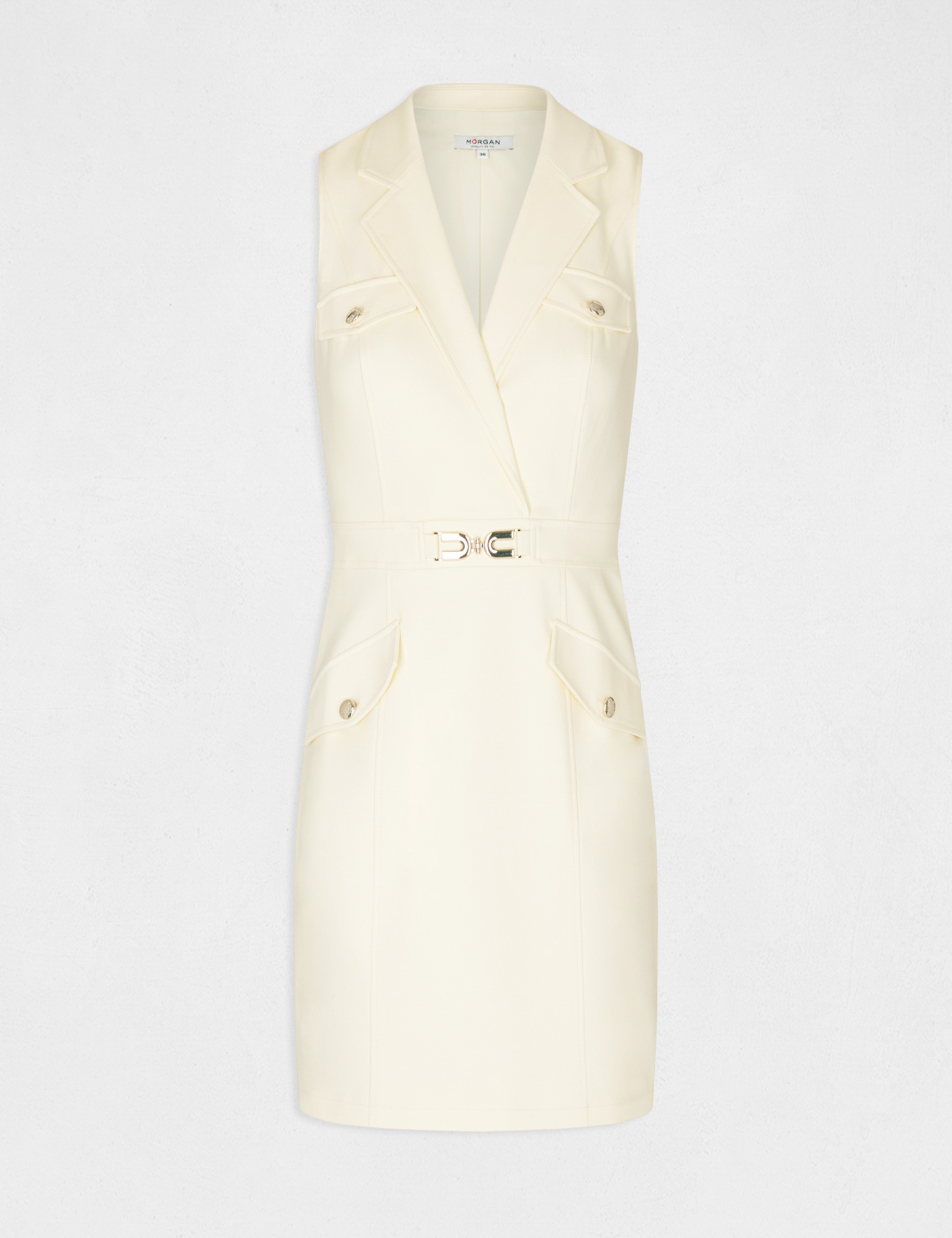 Robe droite avec ornement métallique jaune paille femme Robe droite avec ornement métallique jaune paille femme