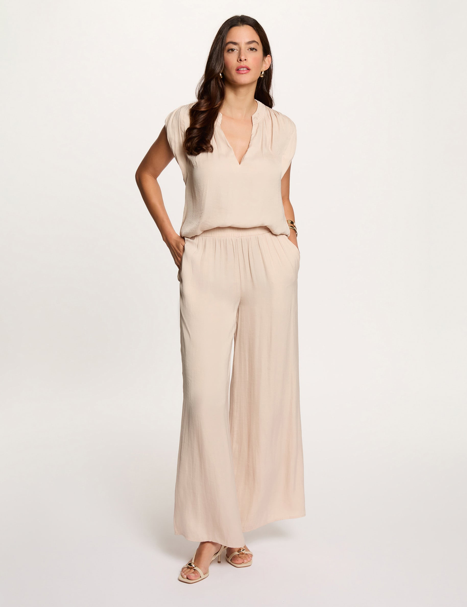 Blouse manches courtes satin beige clair femme
